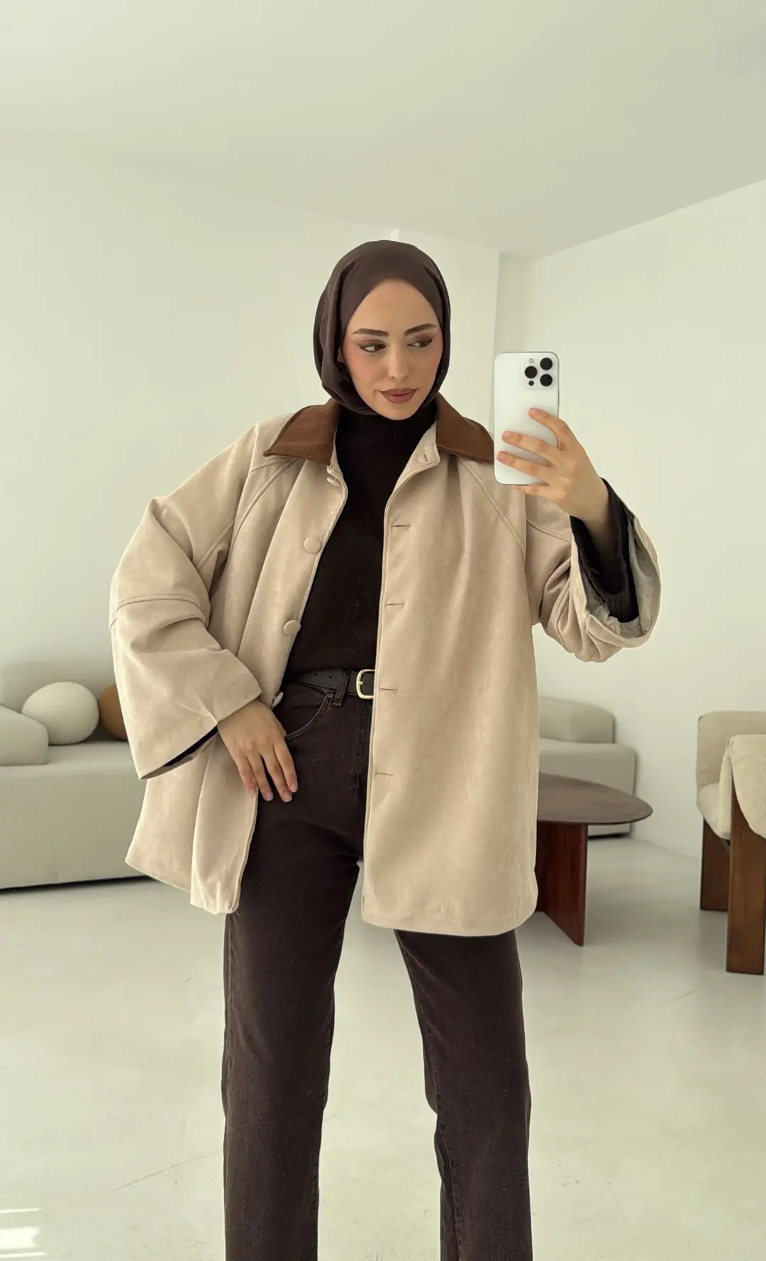 Nubuk Kontrast Yaka Ceket Bej - Görsel 3