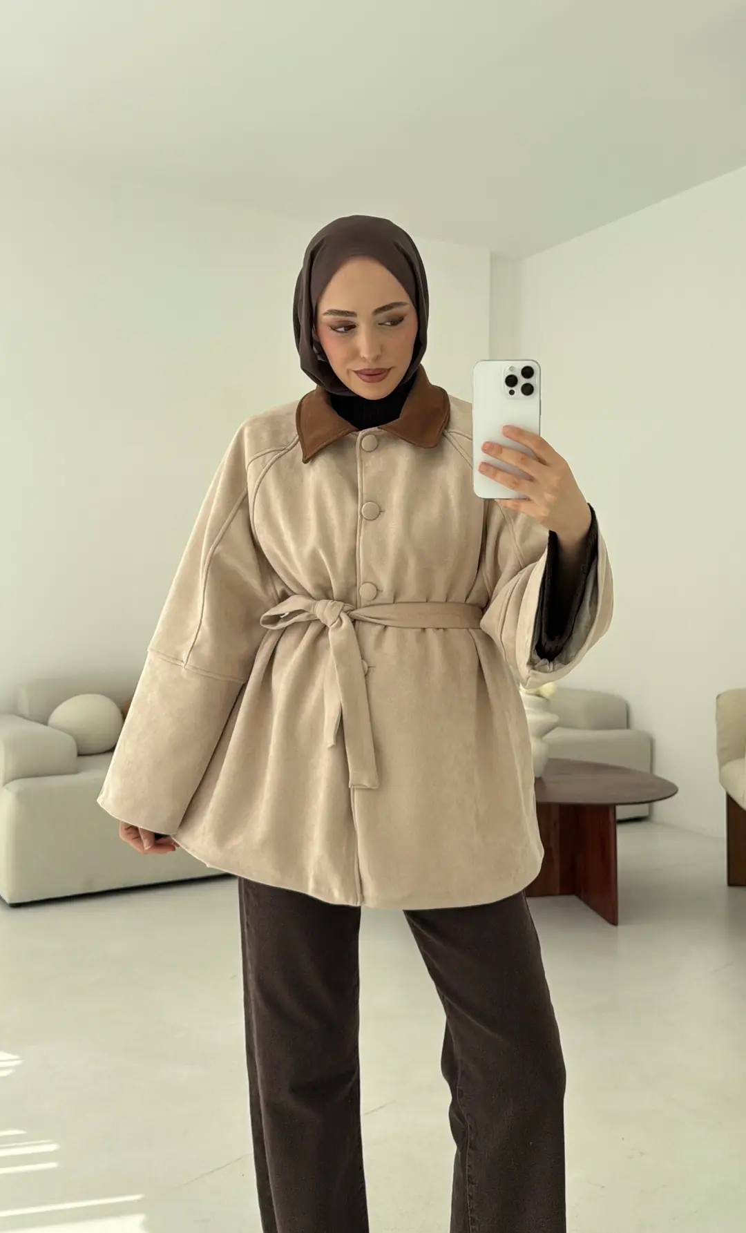 Nubuk Kontrast Yaka Ceket Bej - Görsel 4