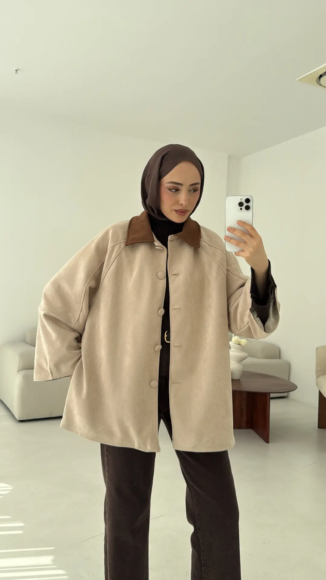 Nubuk Kontrast Yaka Ceket Bej - Görsel 6