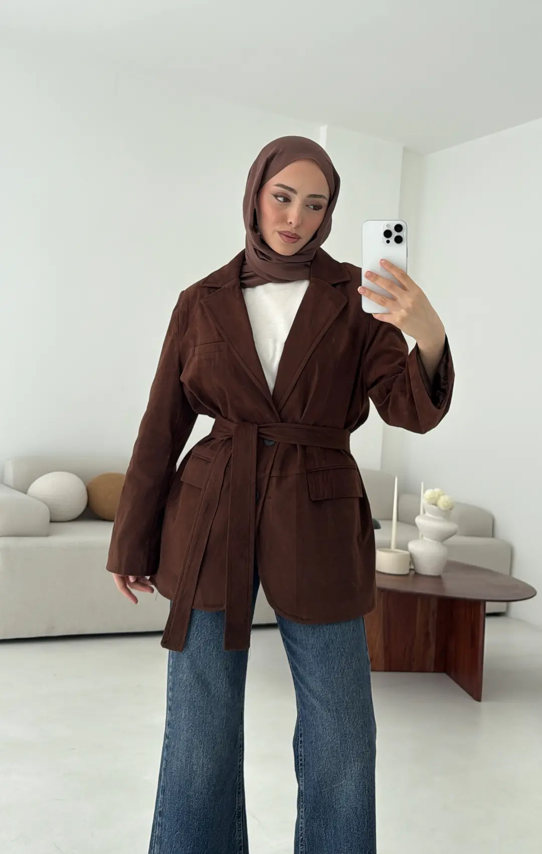 Nubuk Kuşaklı Ceket Kahve - Görsel 3