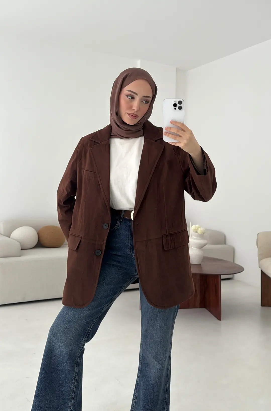 Nubuk Kuşaklı Ceket Kahve - Görsel 8