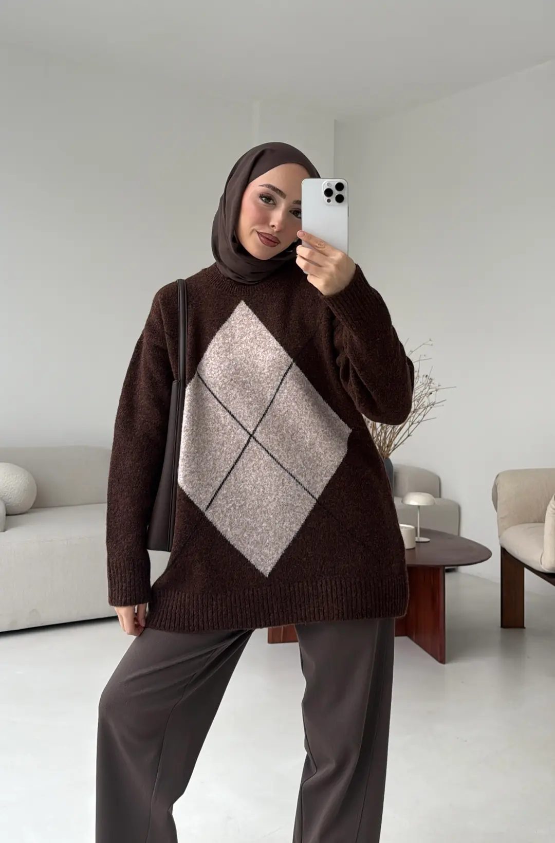 Önü Desenli Kazak Kahve