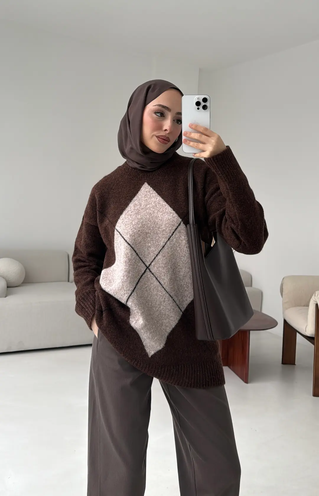 Önü Desenli Kazak Kahve - Görsel 6