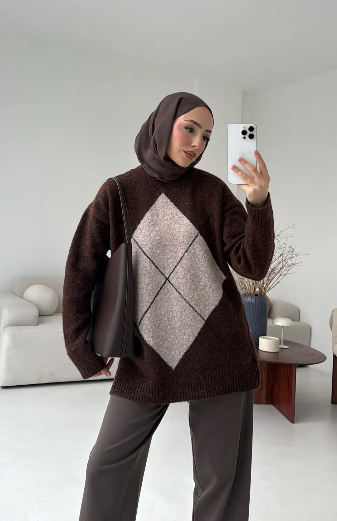 Önü Desenli Kazak Kahve - Görsel 7