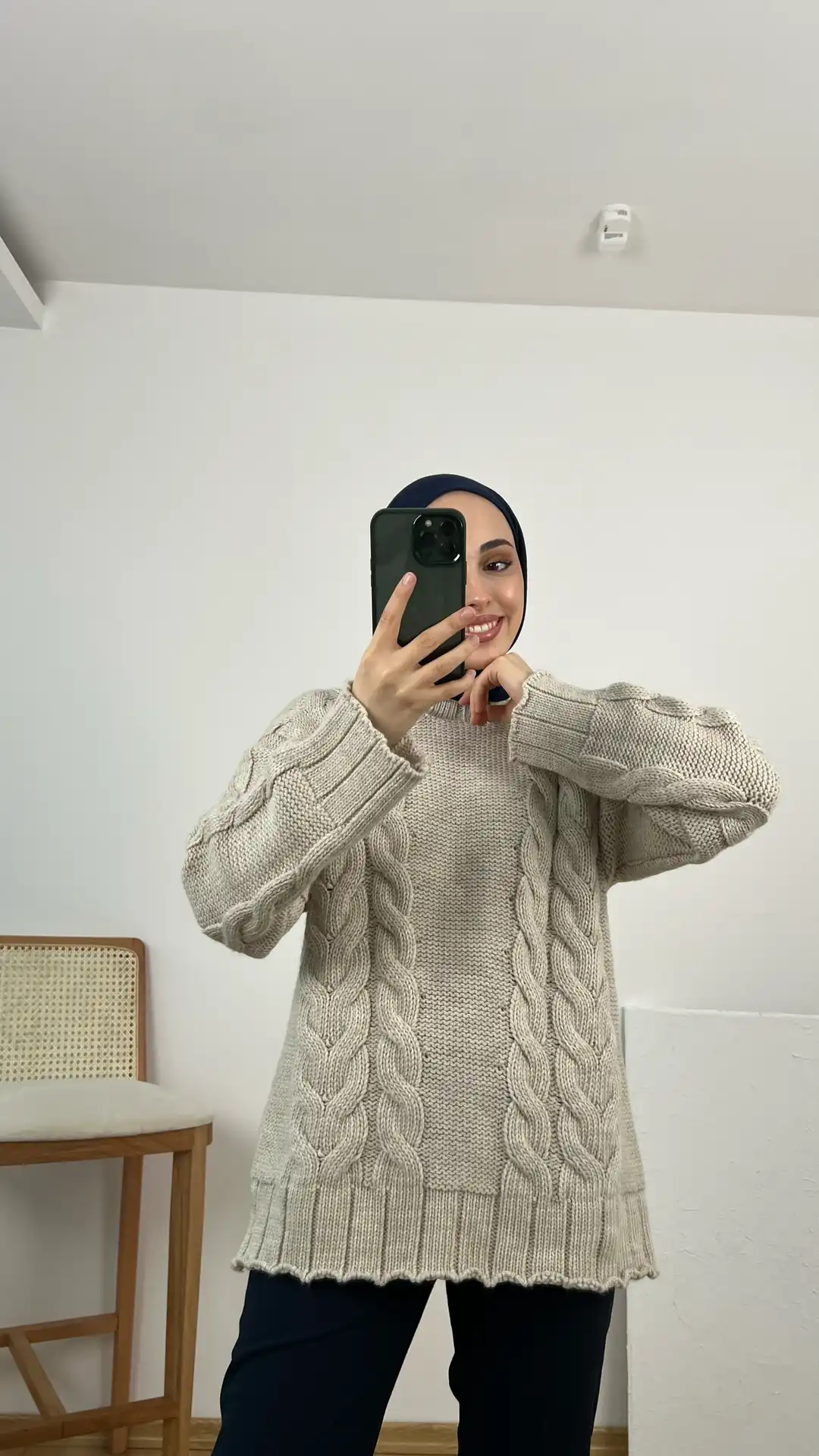 Örgü Detay Kalın Kazak Bej - Görsel 3