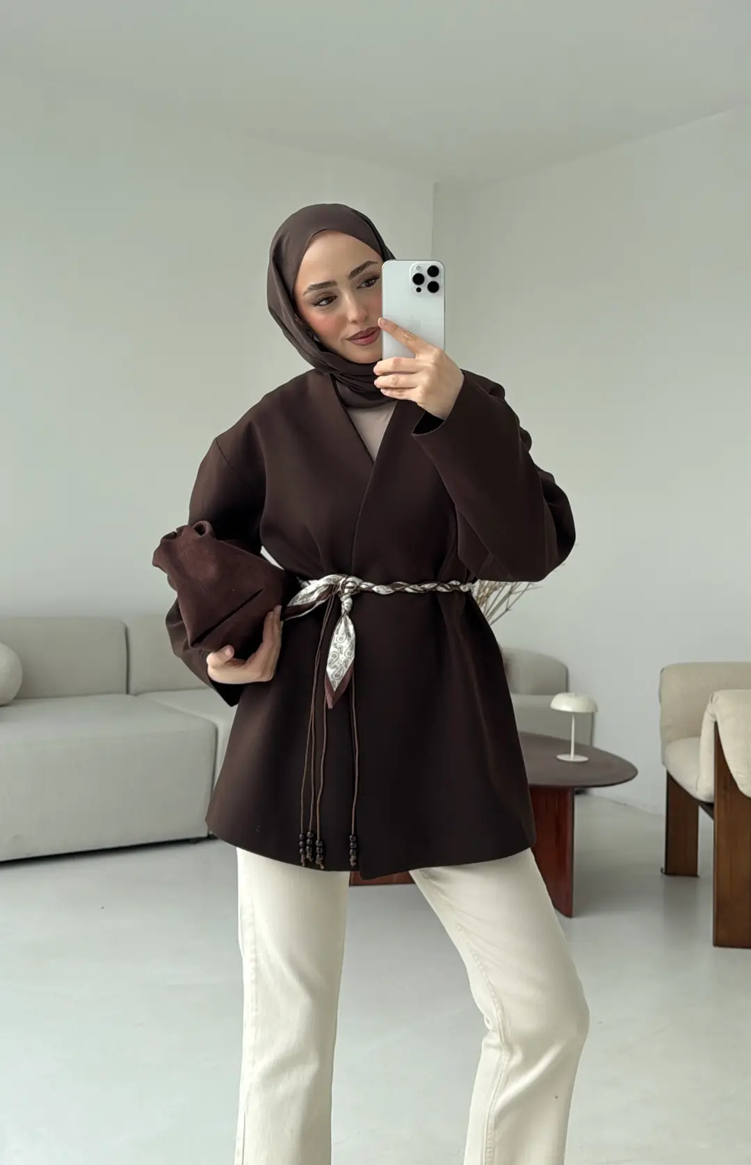 Örgü Kemer Detay Ceket Kahve