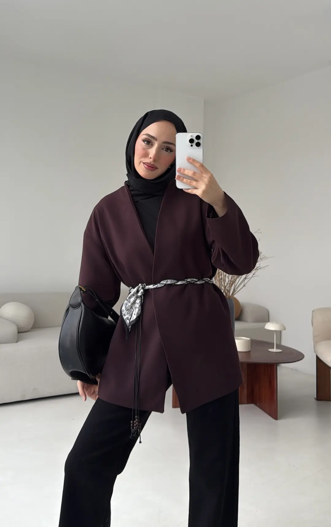 Örgü Kemer Detay Ceket Mürdüm - Görsel 3