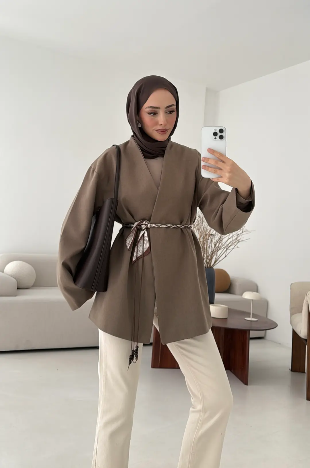 Örgü Kemer Detay Ceket Vizon - Görsel 2