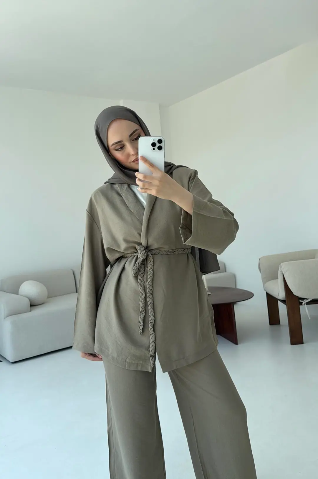 Örgü Kemerli Kimonolu Takım Haki - Görsel 4