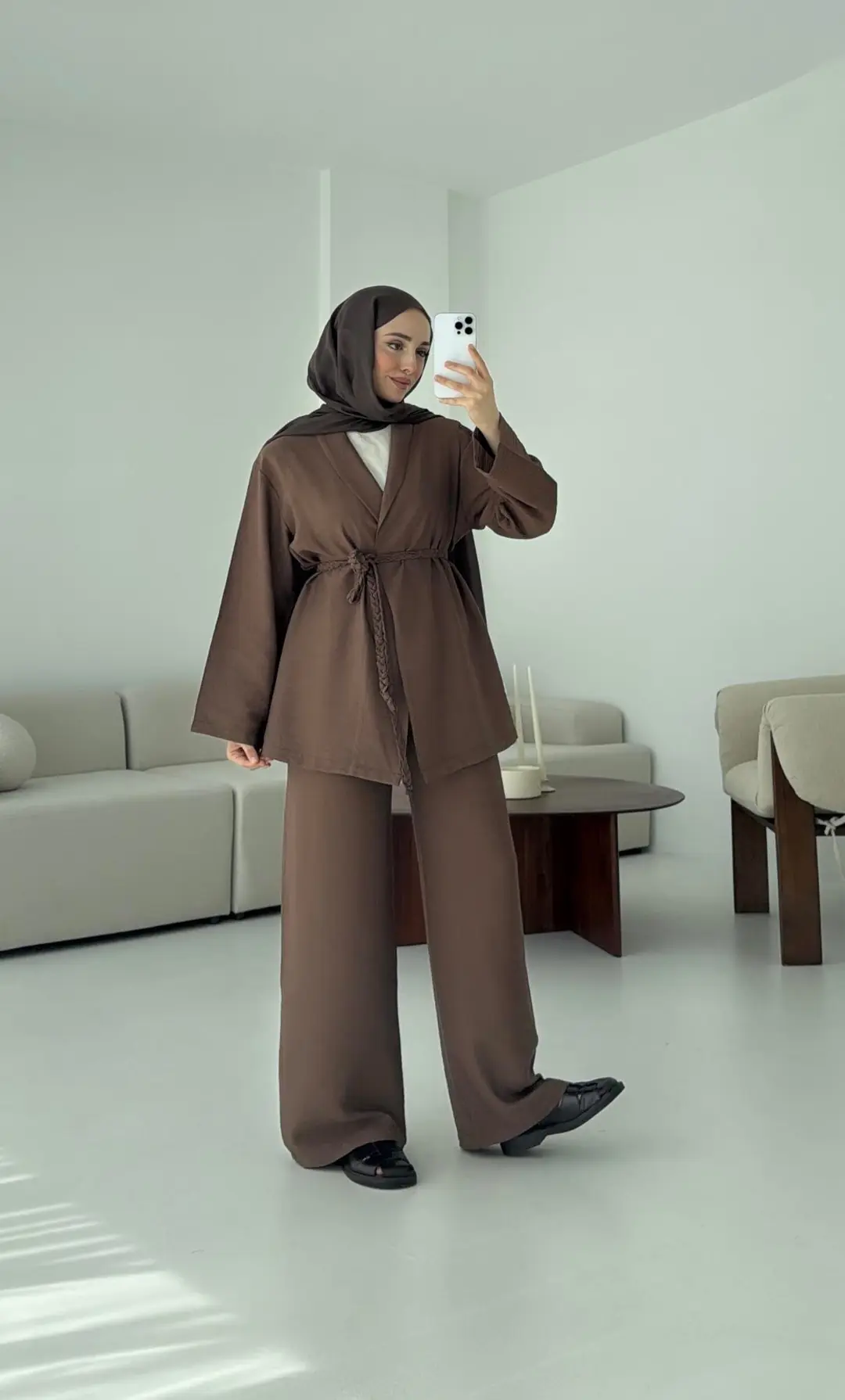 Örgü Kemerli Kimonolu Takım Kahve - Görsel 2