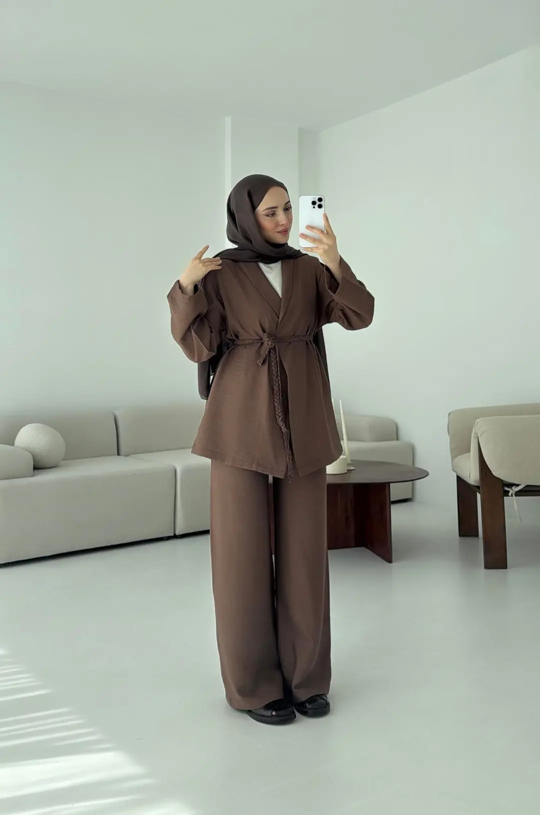 Örgü Kemerli Kimonolu Takım Kahve - Görsel 3