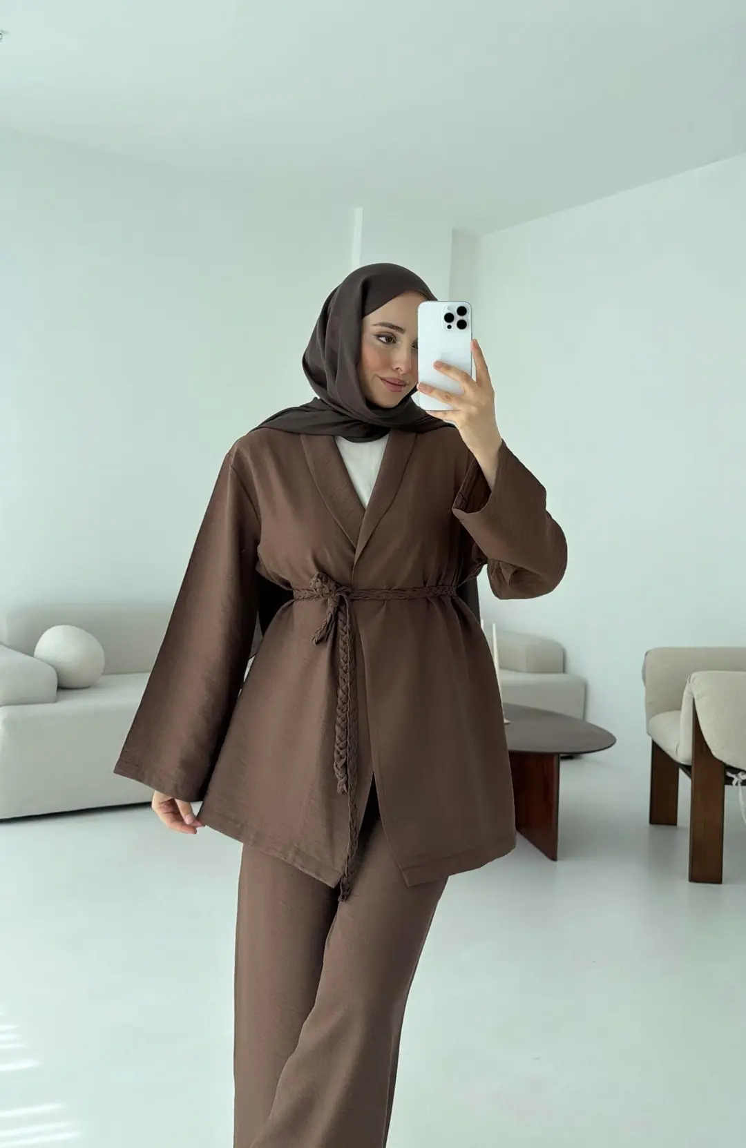 Örgü Kemerli Kimonolu Takım Kahve - Görsel 8