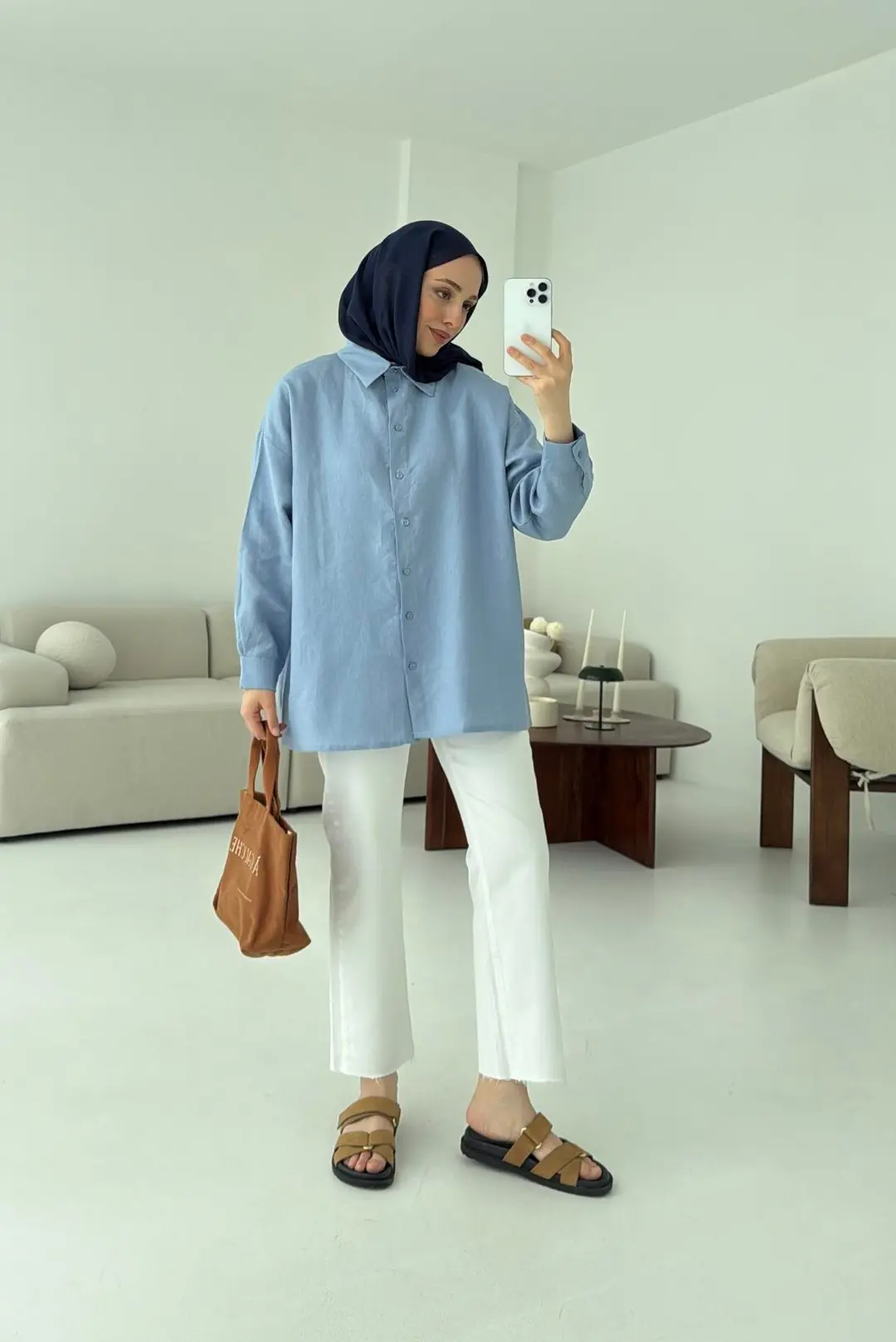 Orijinal Keten Gömlek Mavi - Görsel 4