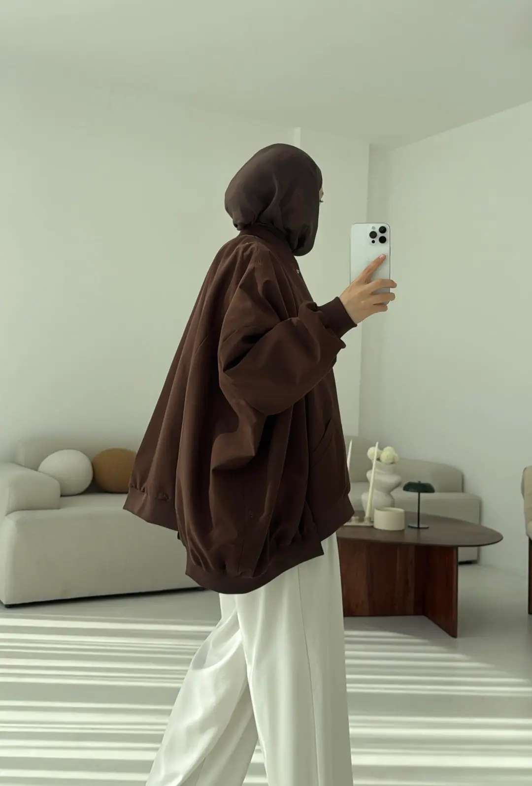 Overize Asimetrik Kesim Bomber Ceket Kahve - Görsel 2