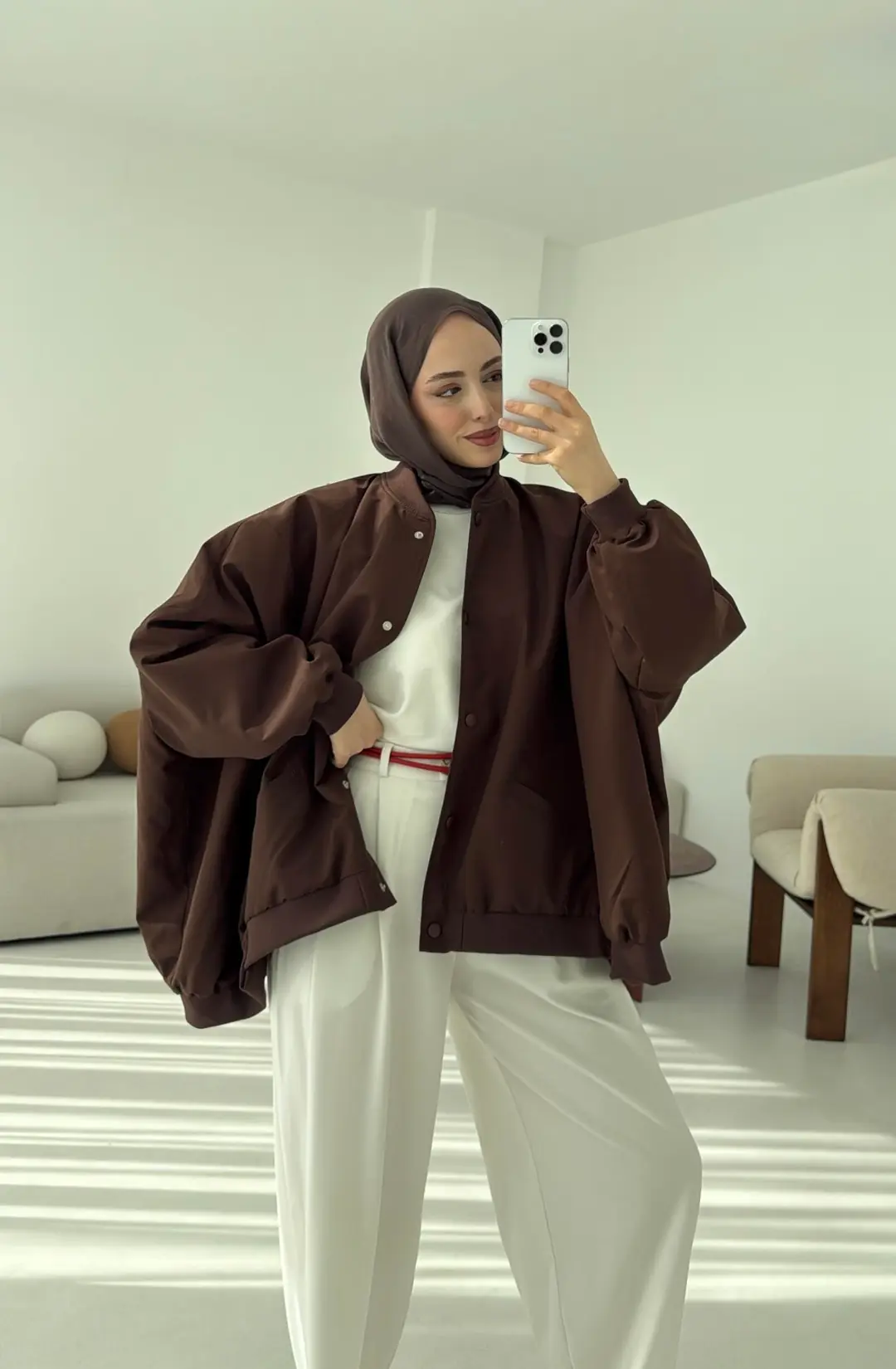 Overize Asimetrik Kesim Bomber Ceket Kahve - Görsel 3