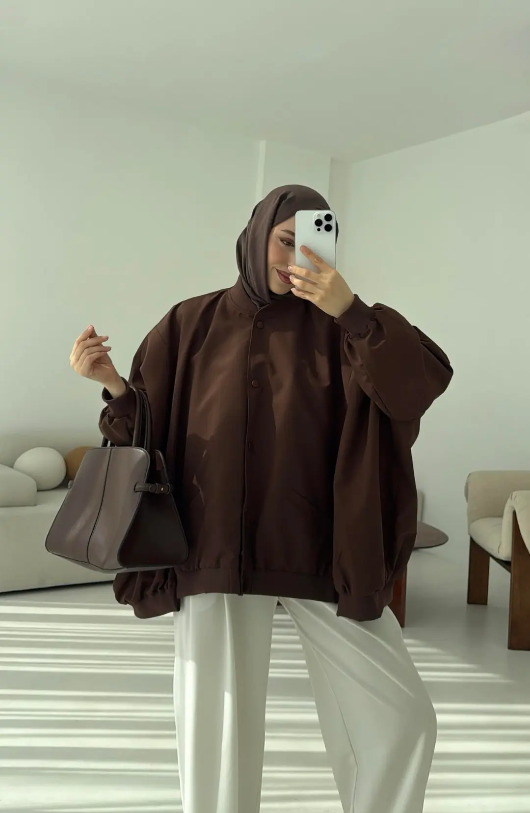 Overize Asimetrik Kesim Bomber Ceket Kahve - Görsel 5