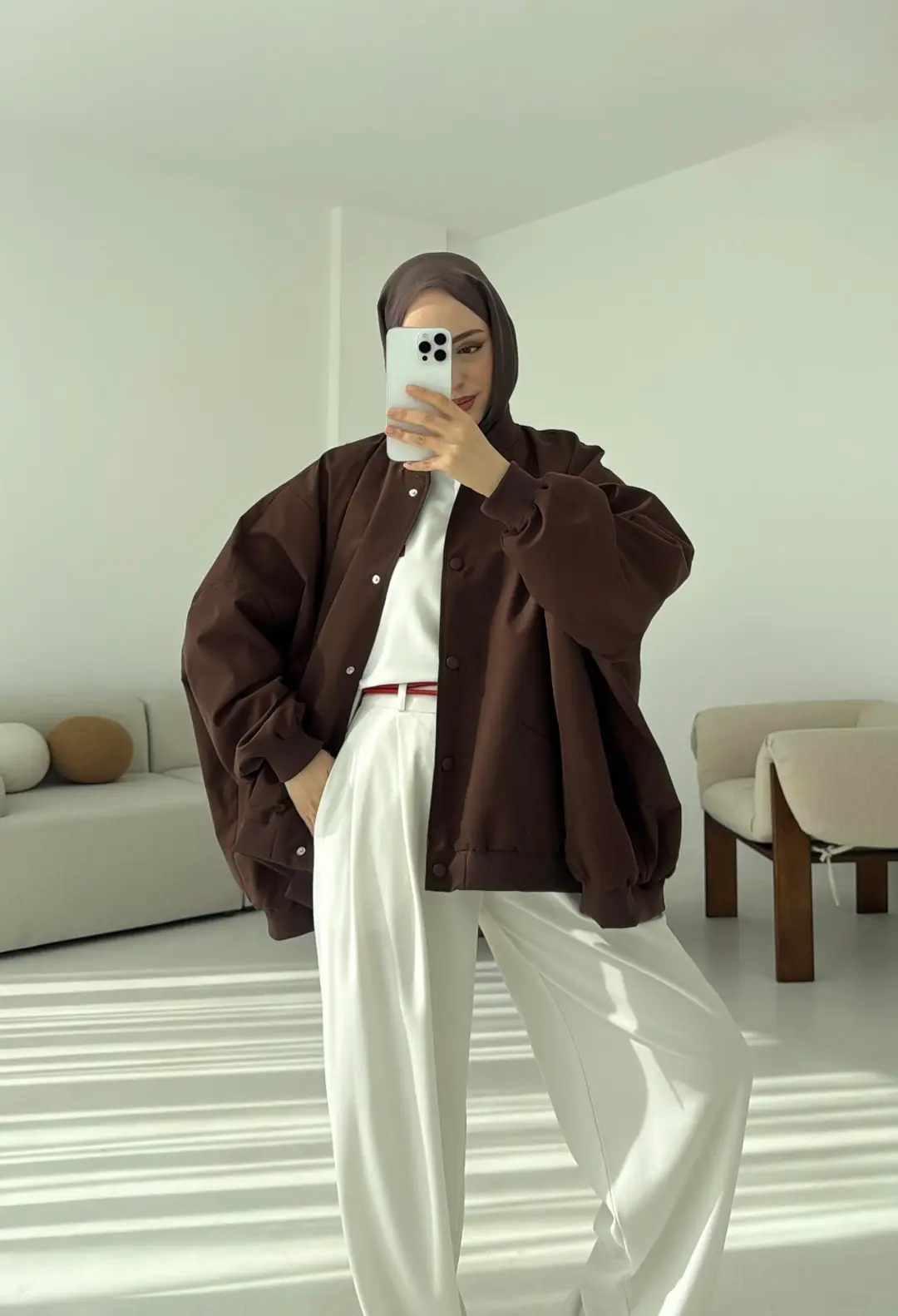 Overize Asimetrik Kesim Bomber Ceket Kahve - Görsel 6