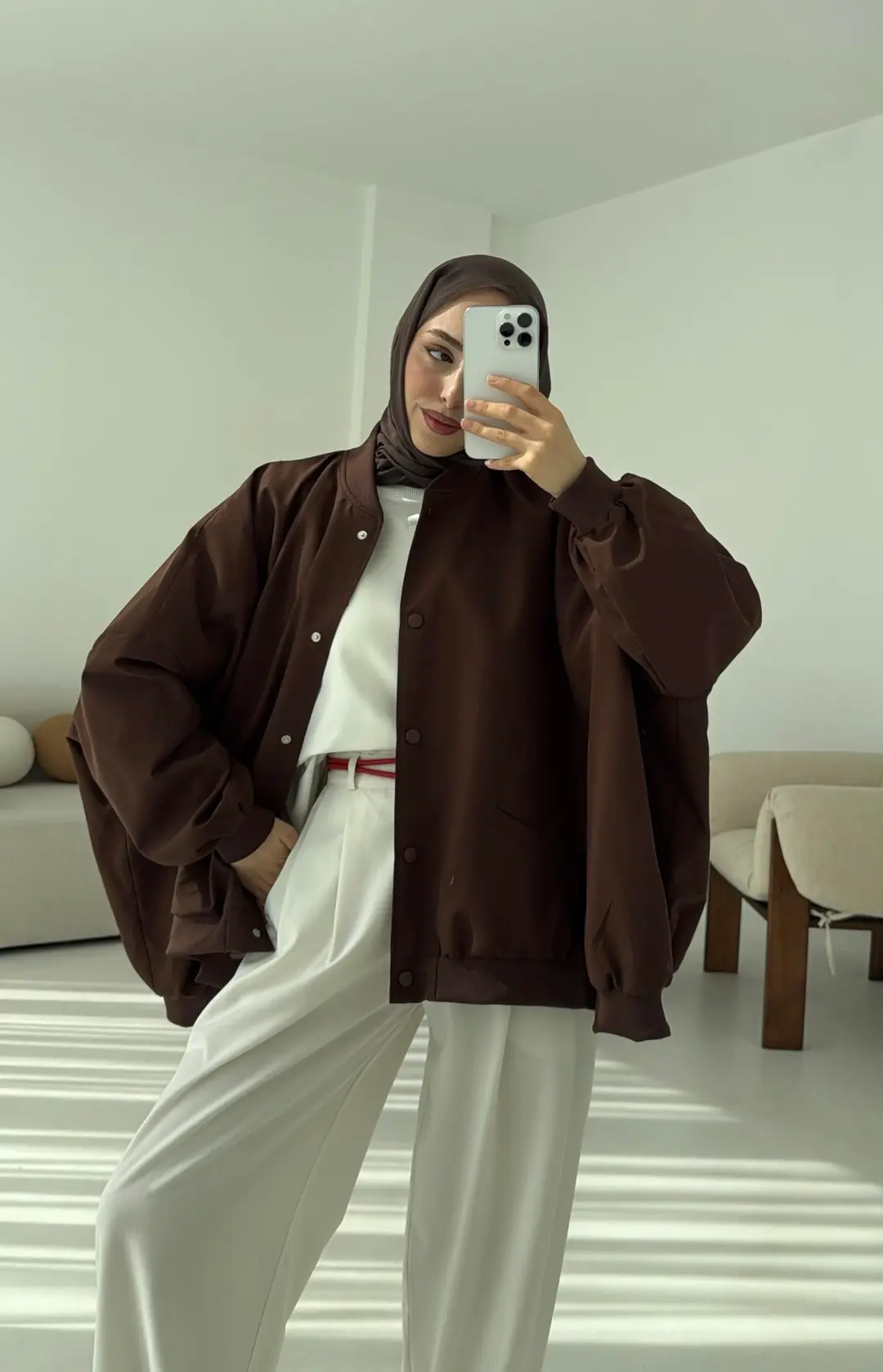 Overize Asimetrik Kesim Bomber Ceket Kahve - Görsel 7