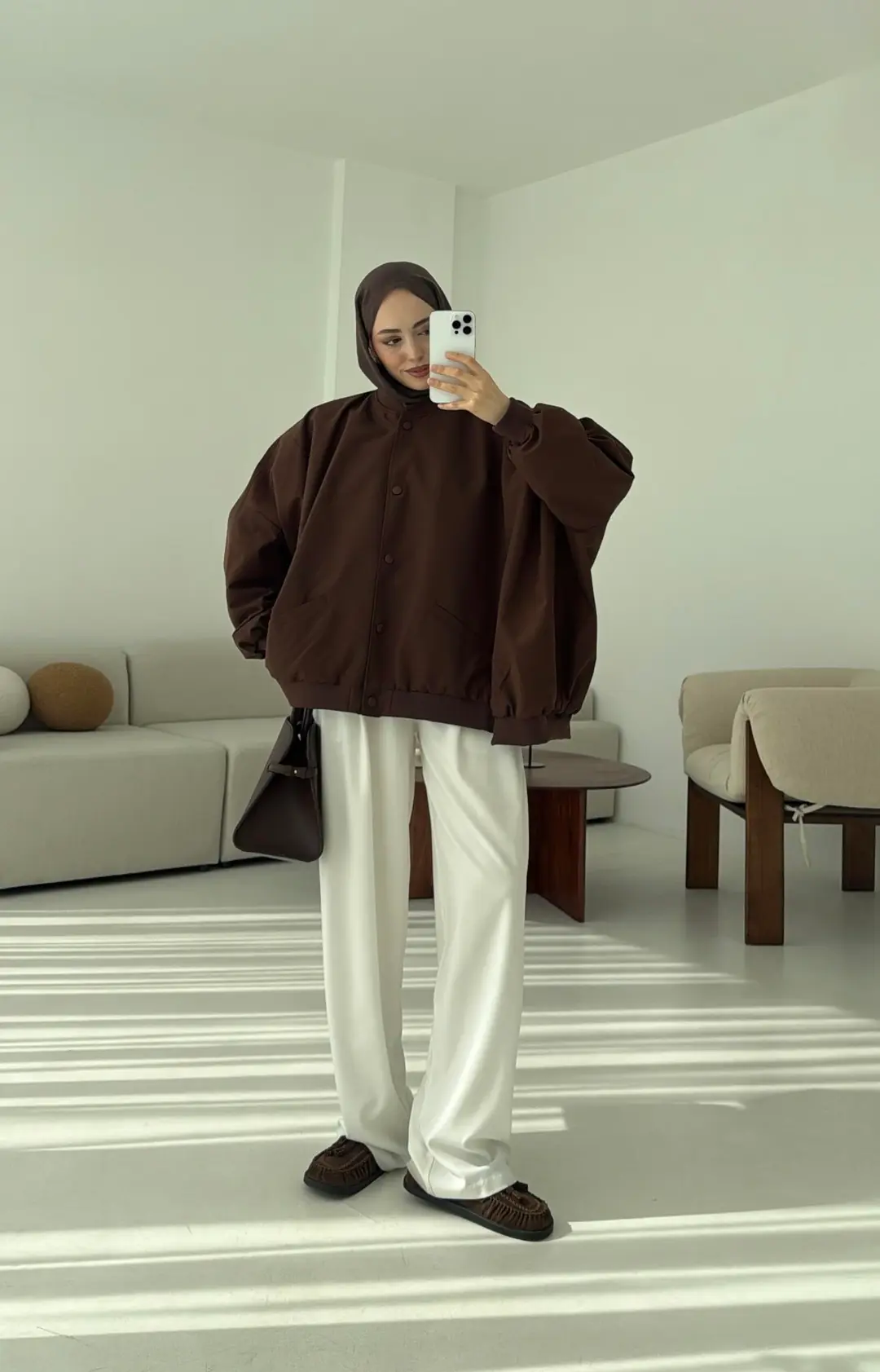 Overize Asimetrik Kesim Bomber Ceket Kahve - Görsel 9