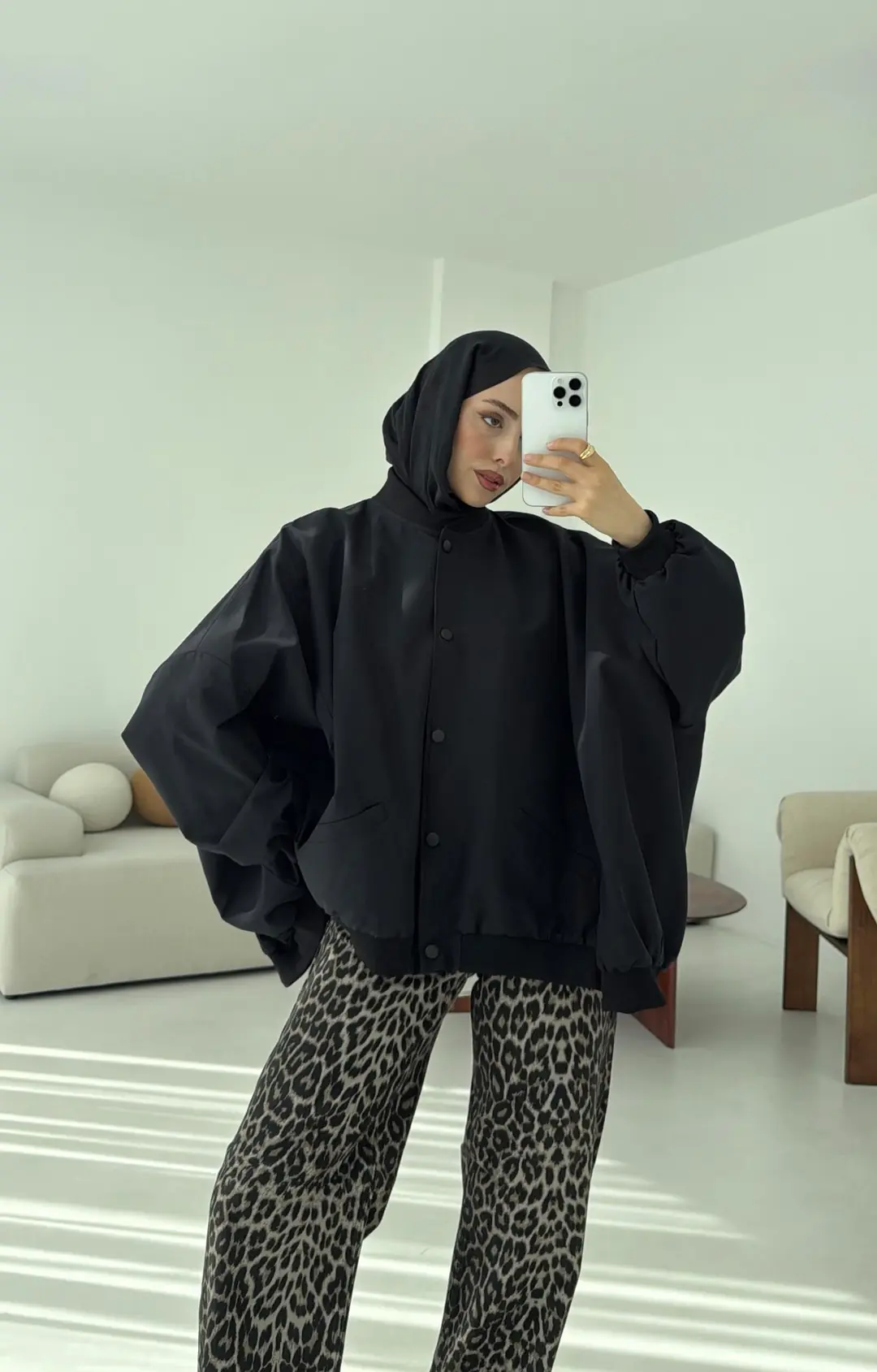 Overize Asimetrik Kesim Bomber Ceket Siyah - Görsel 5