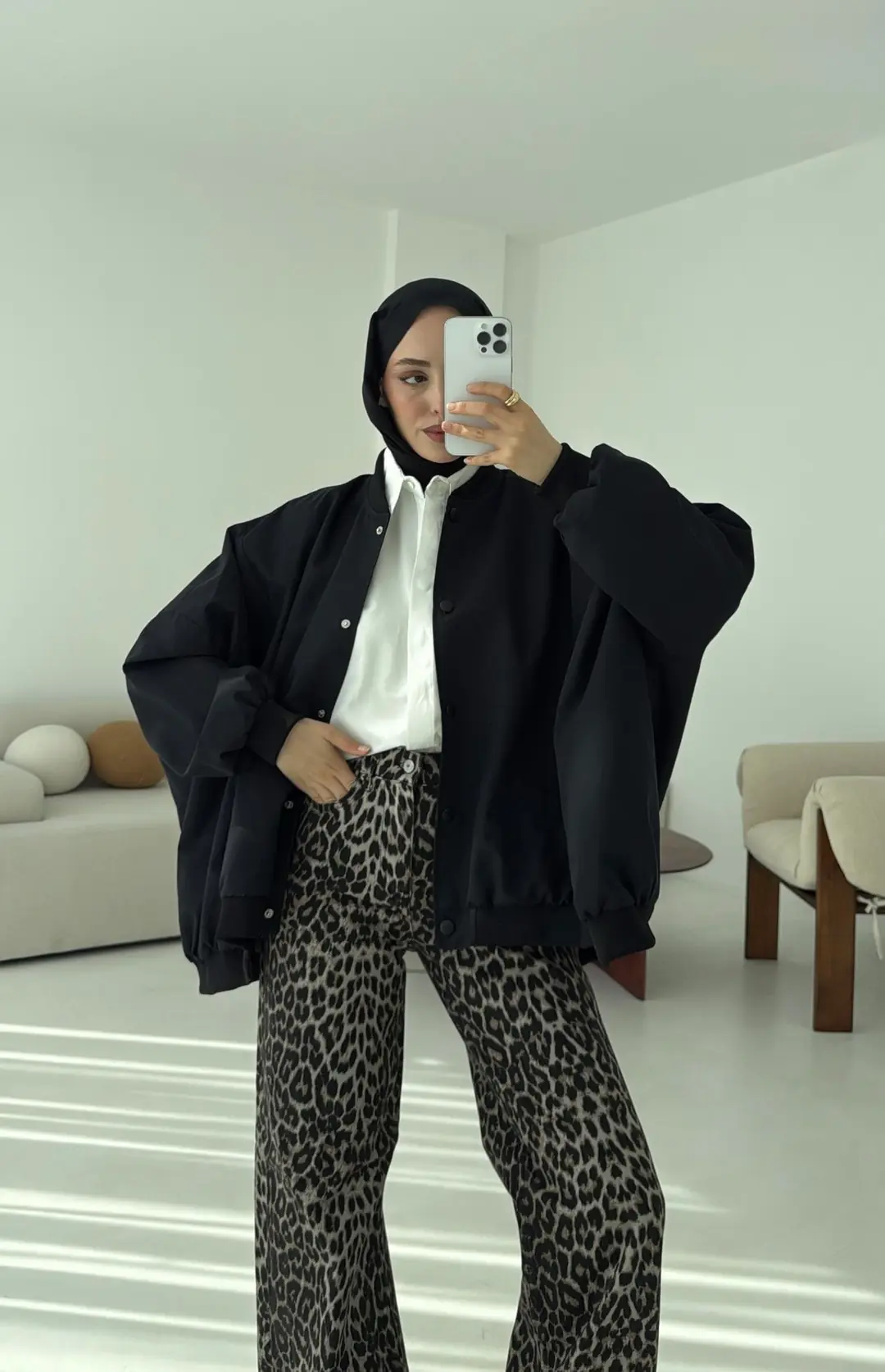 Overize Asimetrik Kesim Bomber Ceket Siyah - Görsel 8