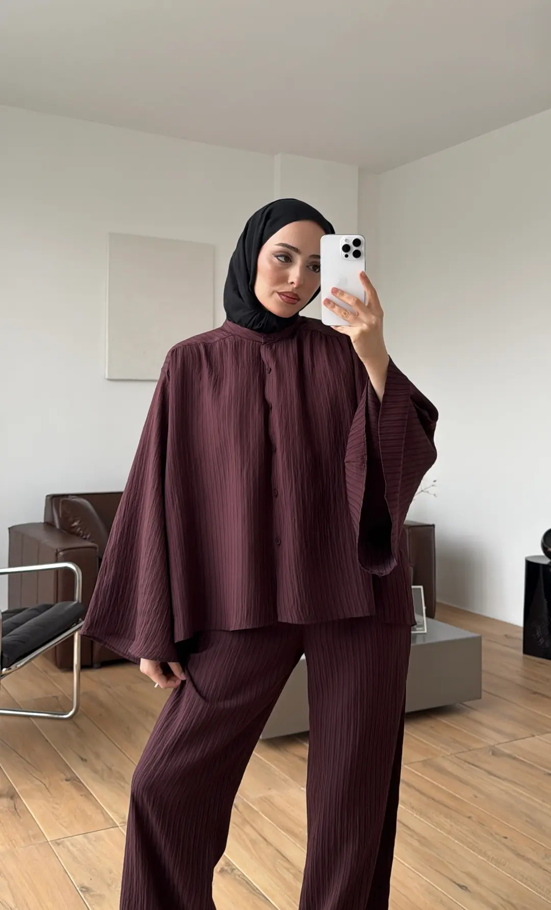 Oversize Geniş Kol Çizgili Takım Bordo