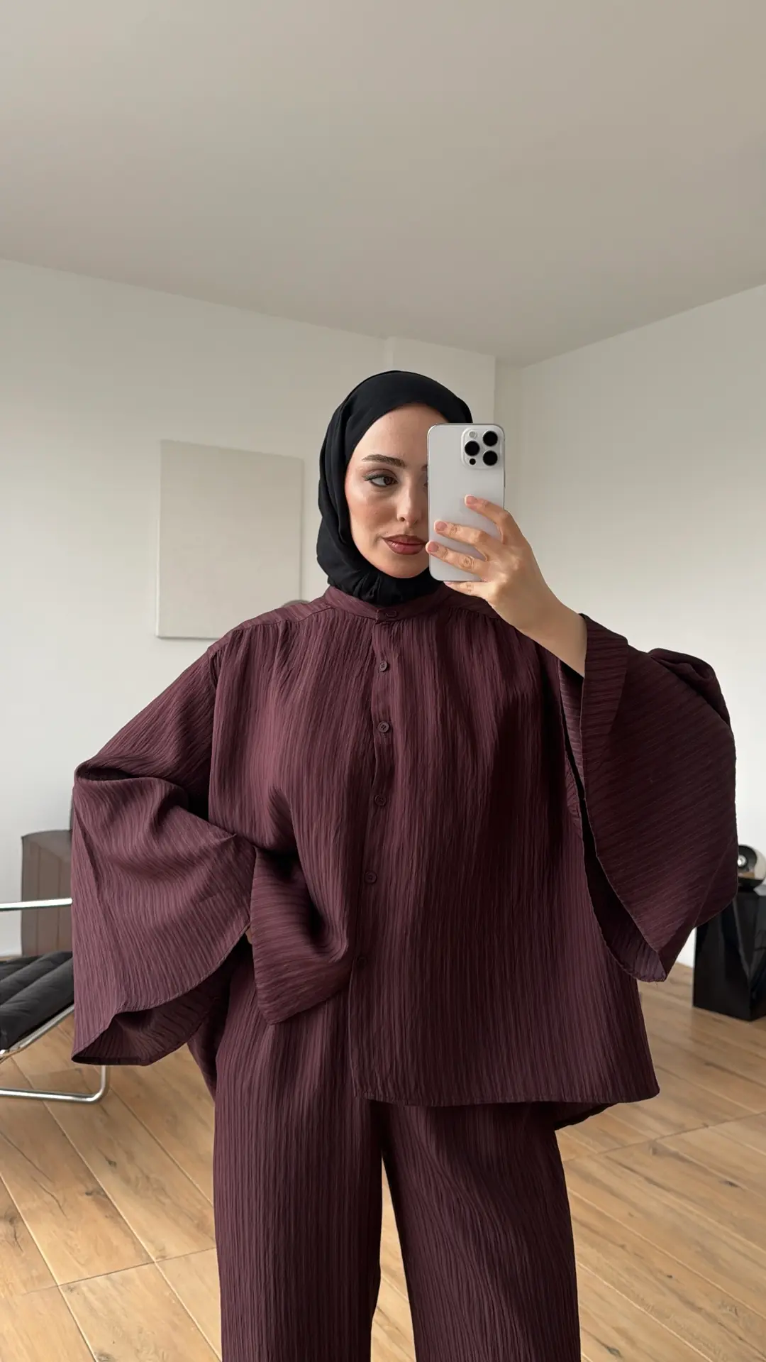 Oversize Geniş Kol Çizgili Takım Bordo - Görsel 4