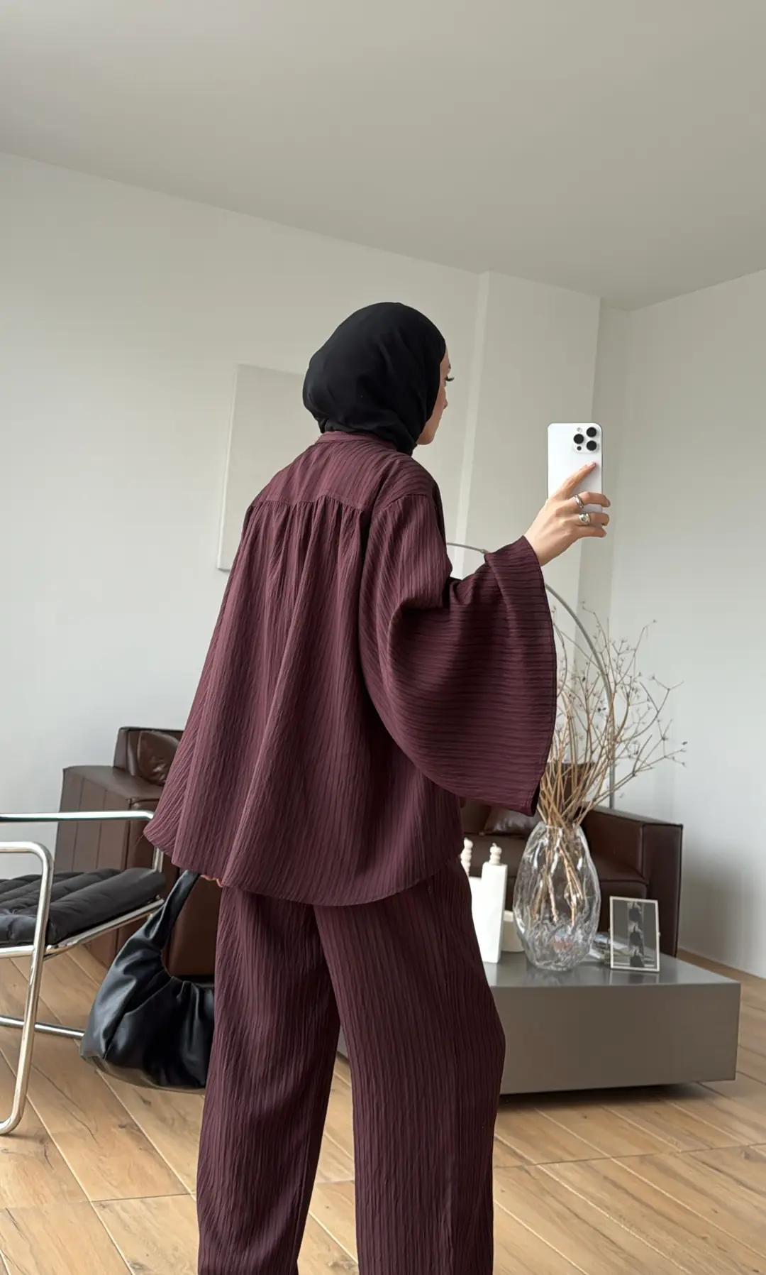 Oversize Geniş Kol Çizgili Takım Bordo - Görsel 5