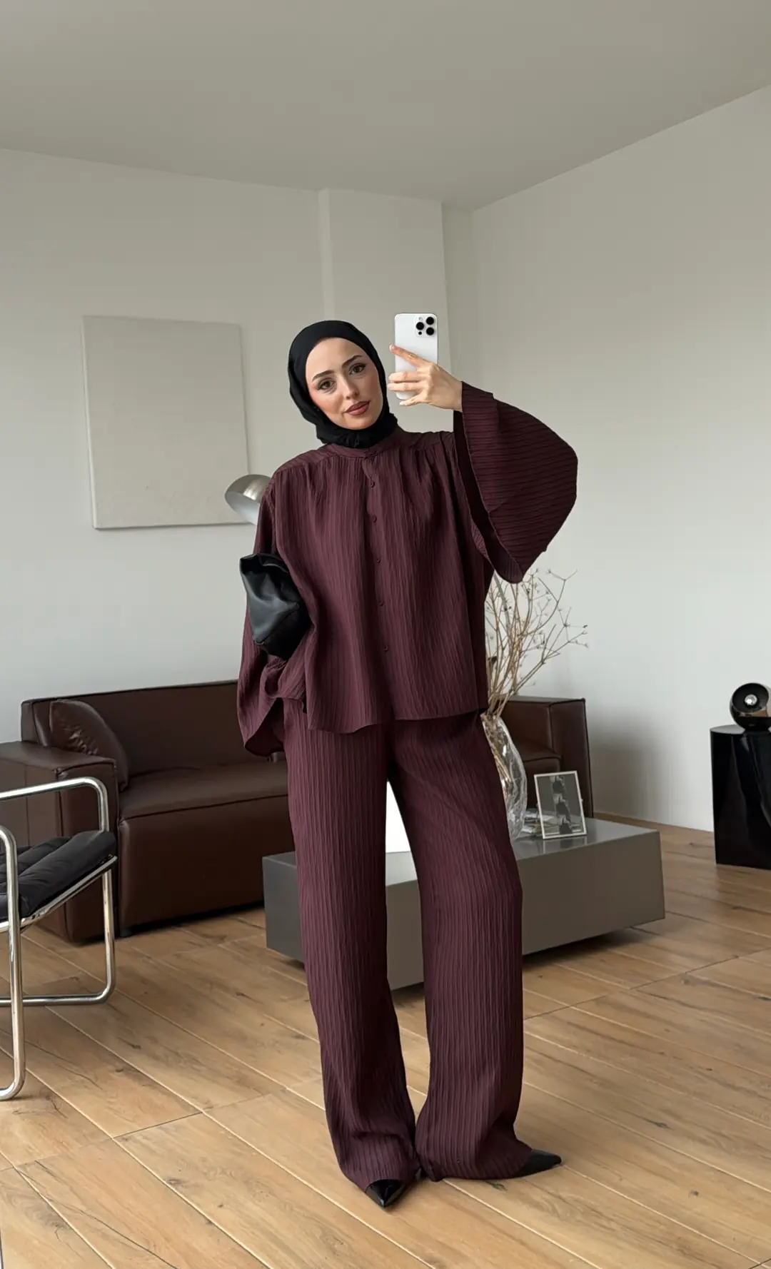 Oversize Geniş Kol Çizgili Takım Bordo - Görsel 6