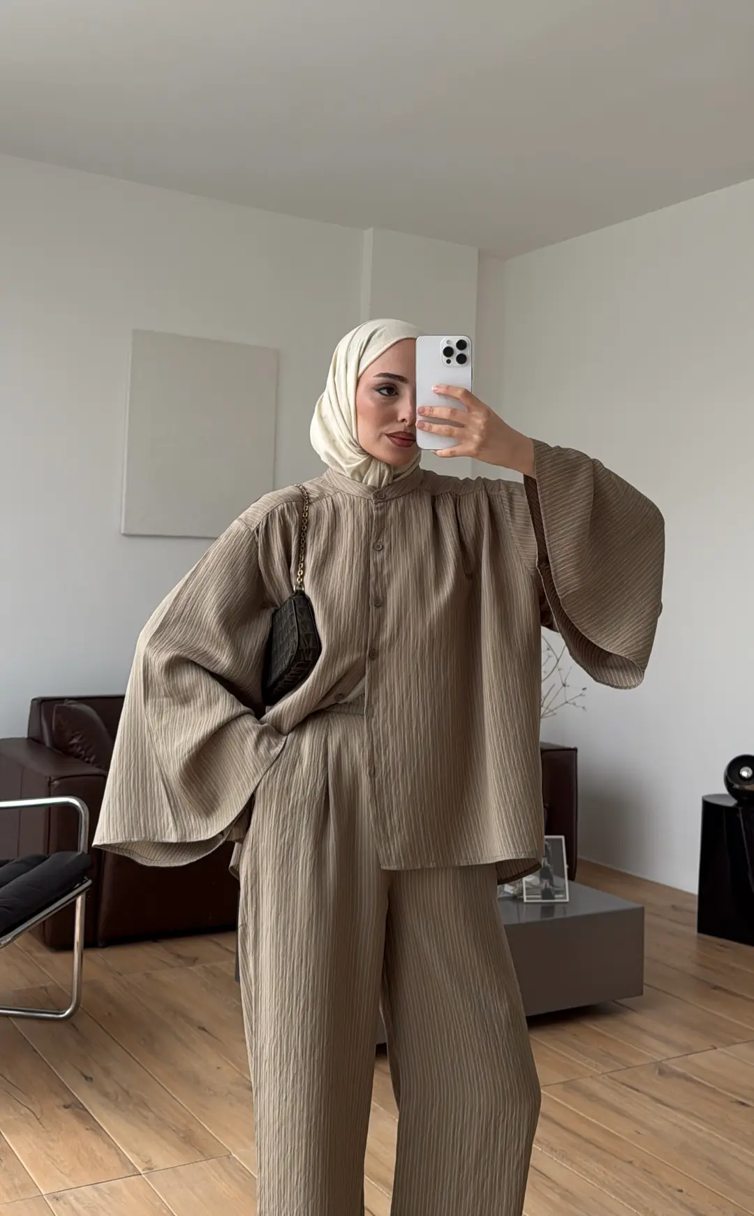 Oversize Geniş Kol Çizgili Takım Haki - Görsel 10