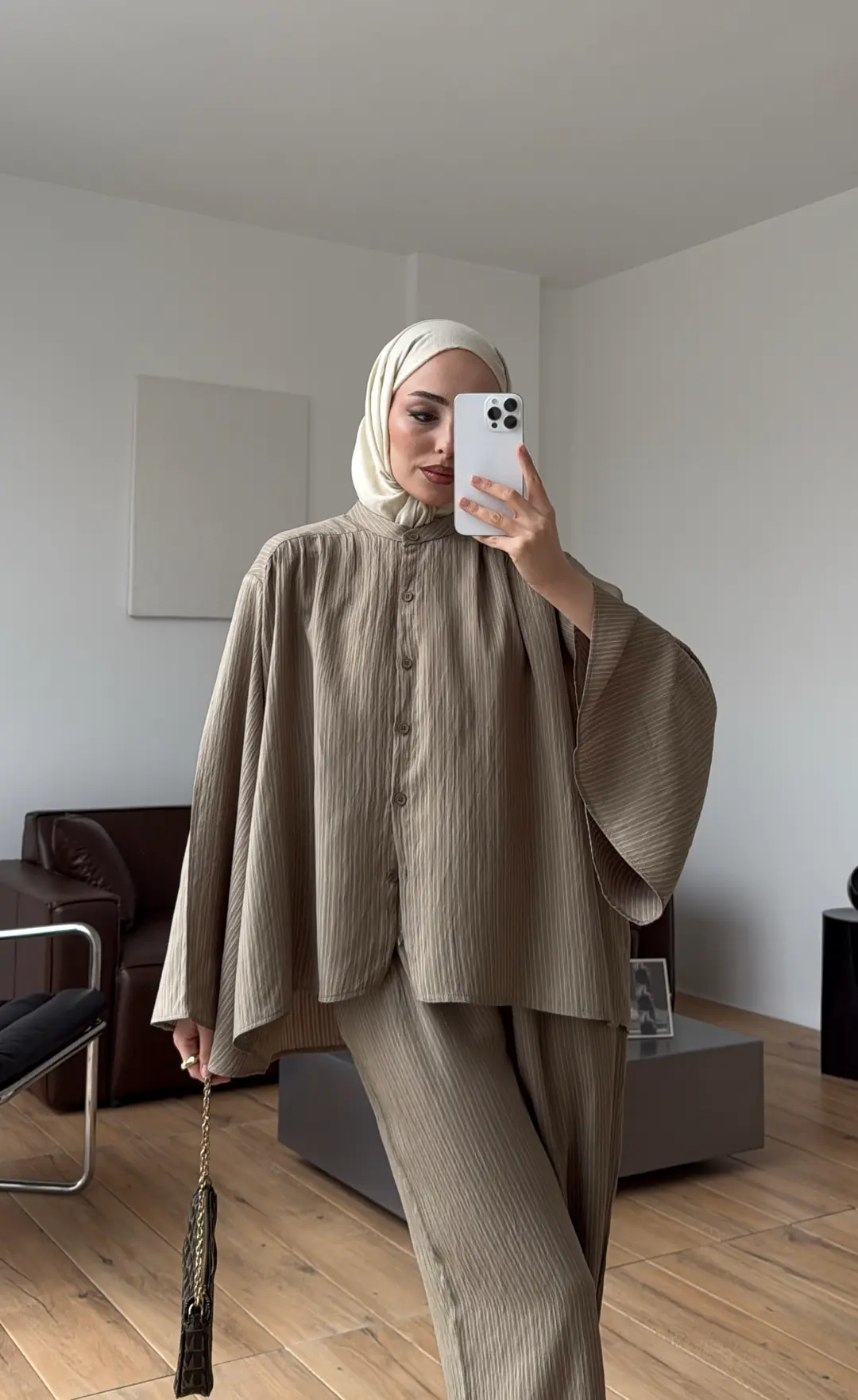 Oversize Geniş Kol Çizgili Takım Haki - Görsel 2