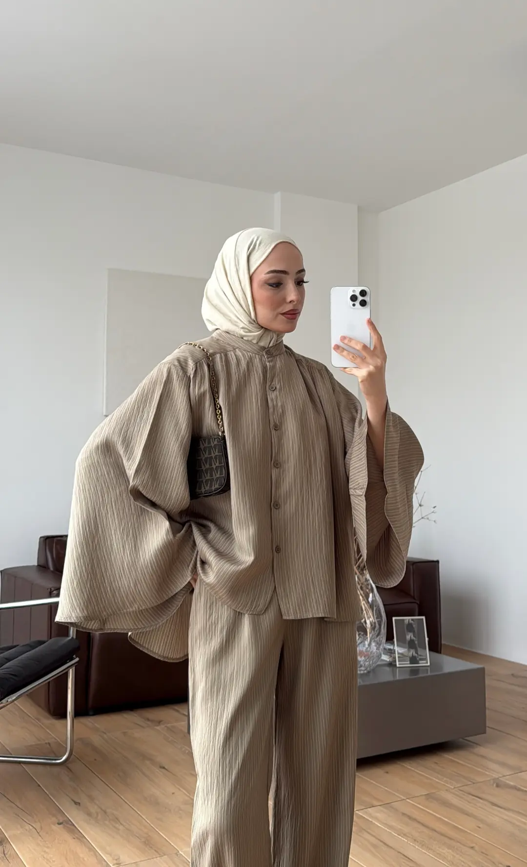 Oversize Geniş Kol Çizgili Takım Haki - Görsel 4