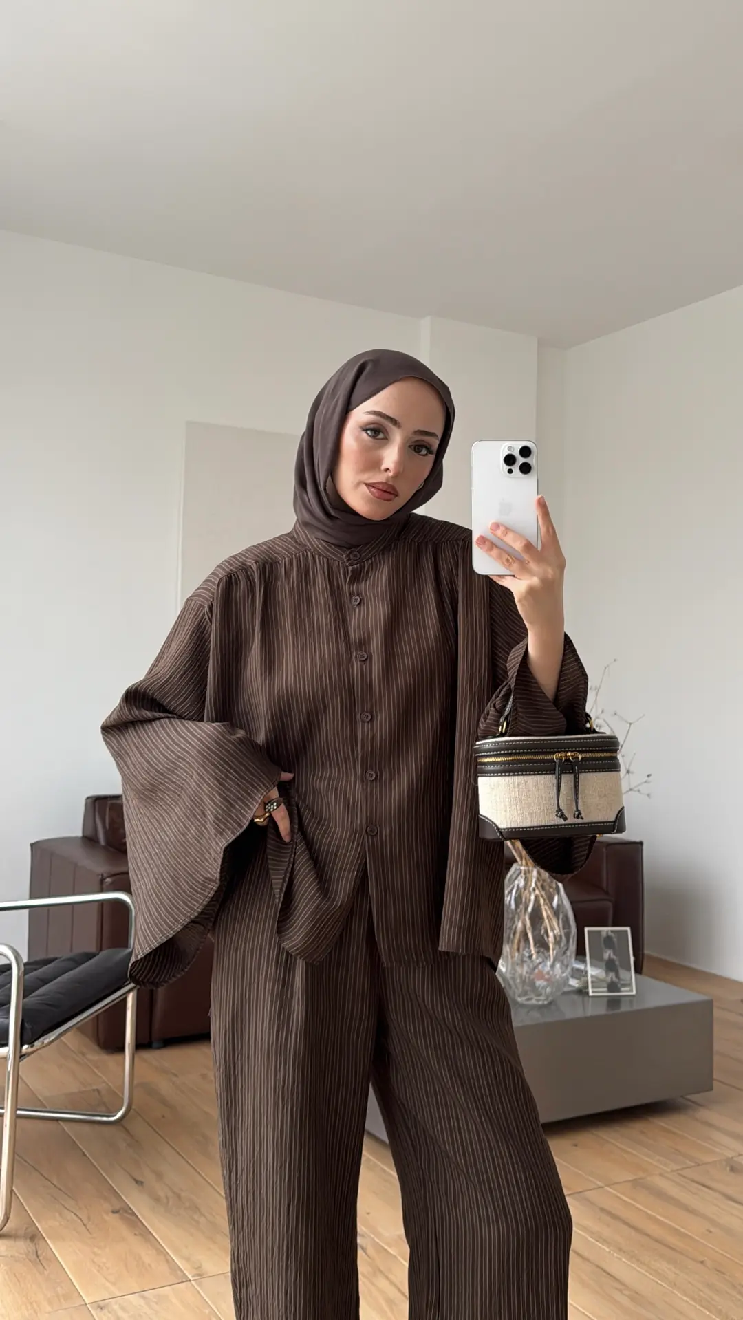 Oversize Geniş Kol Çizgili Takım Kahve - Görsel 10