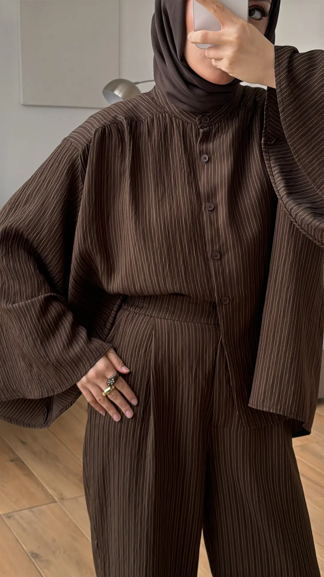 Oversize Geniş Kol Çizgili Takım Kahve - Görsel 4