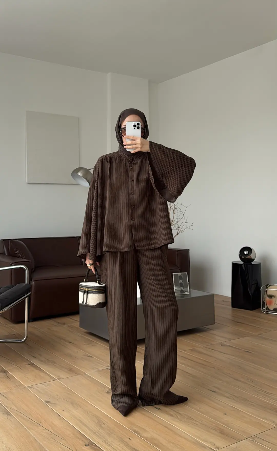 Oversize Geniş Kol Çizgili Takım Kahve - Görsel 6