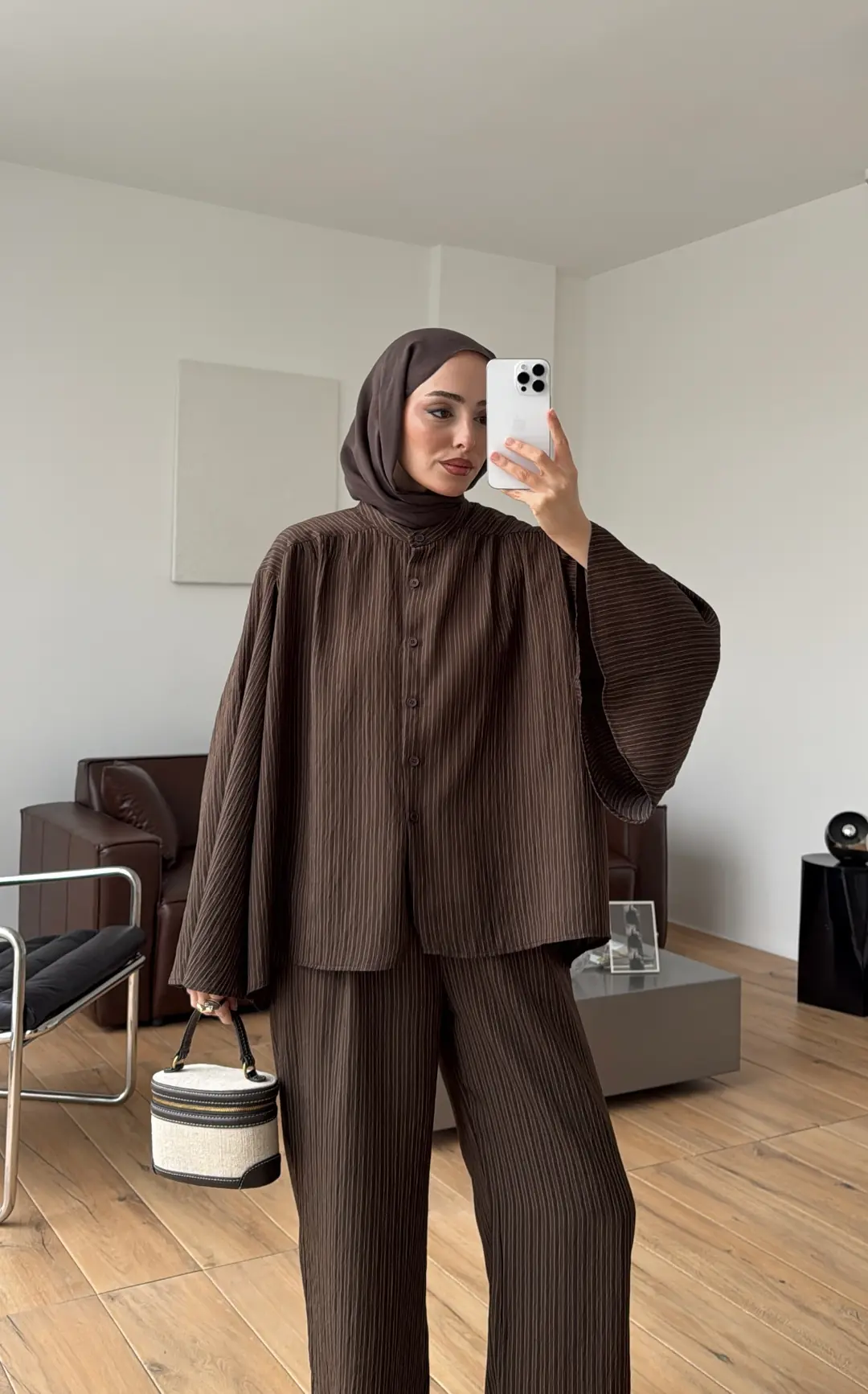 Oversize Geniş Kol Çizgili Takım Kahve - Görsel 7