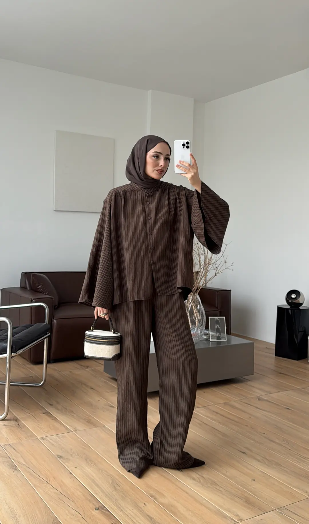 Oversize Geniş Kol Çizgili Takım Kahve - Görsel 8