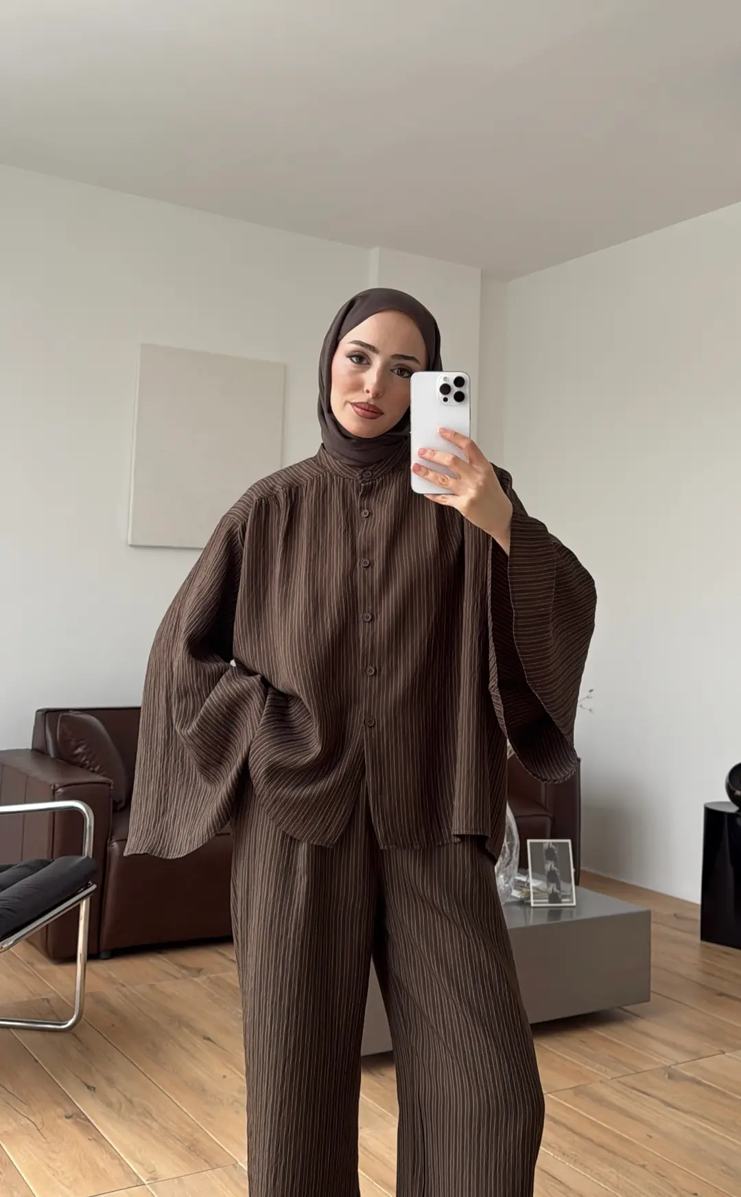 Oversize Geniş Kol Çizgili Takım Kahve - Görsel 9