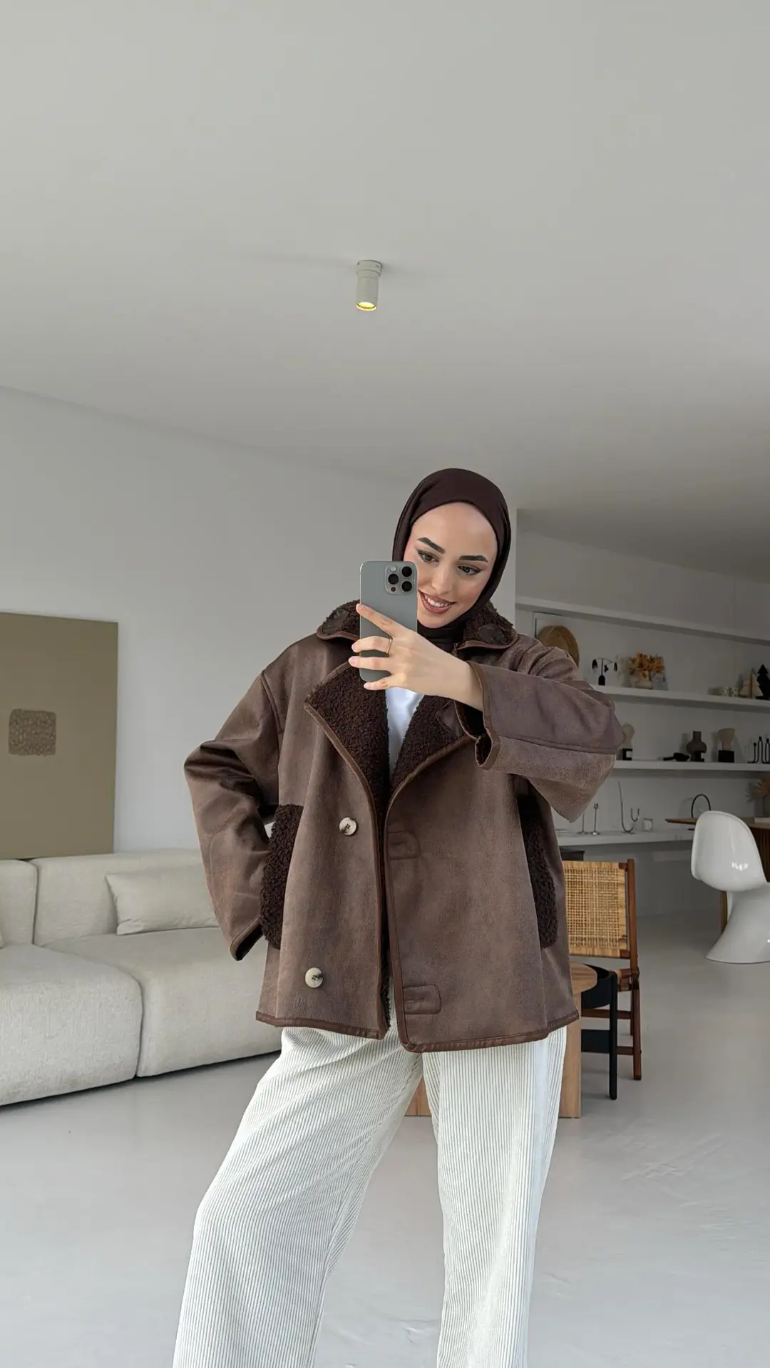 Oversize İçi Kürklü Kaban Kahve