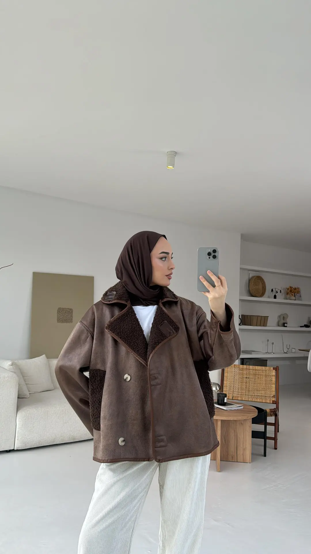 Oversize İçi Kürklü Kaban Kahve - Görsel 5