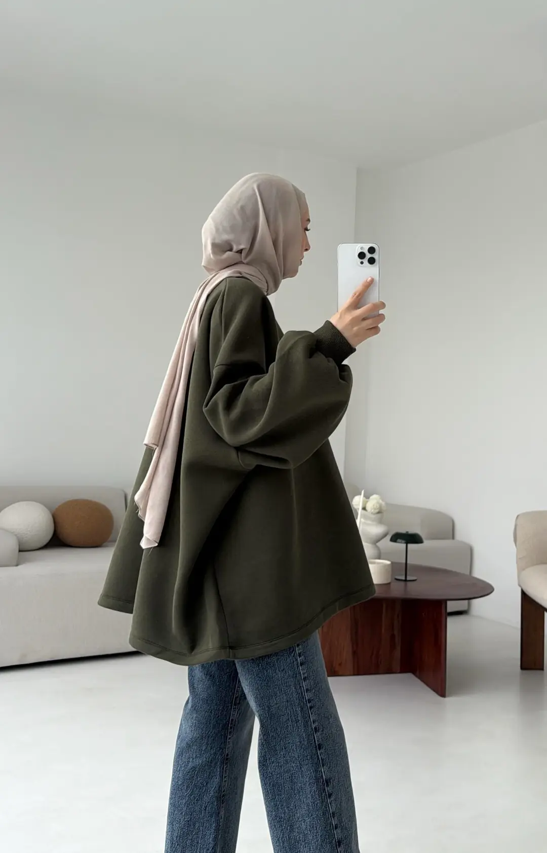 Oversize Şardonlu Sweatshirt Haki - Görsel 2