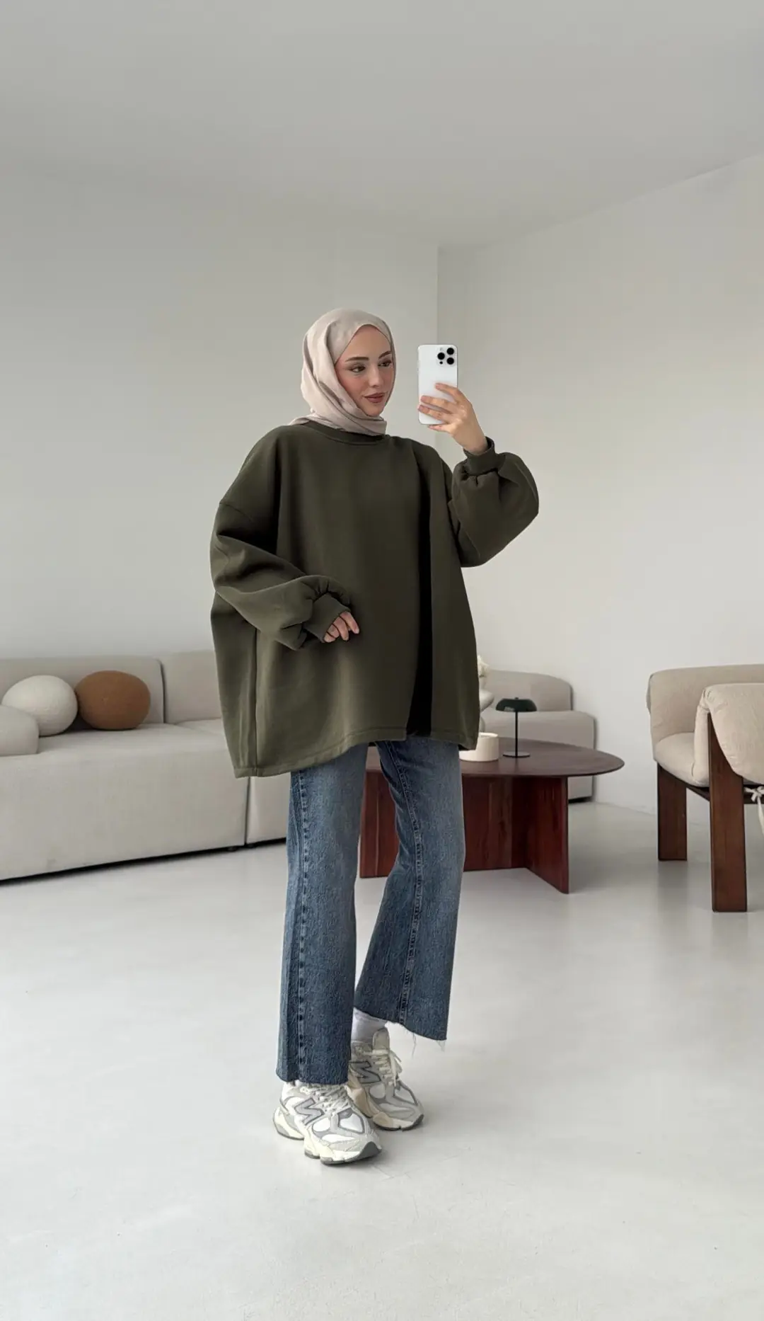 Oversize Şardonlu Sweatshirt Haki - Görsel 4