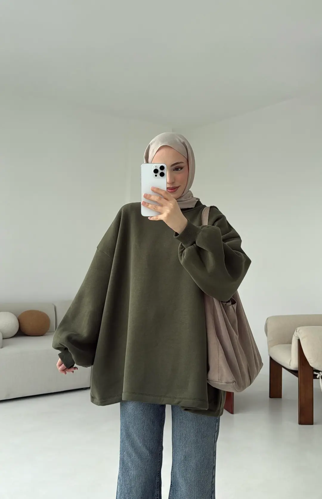 Oversize Şardonlu Sweatshirt Haki - Görsel 5