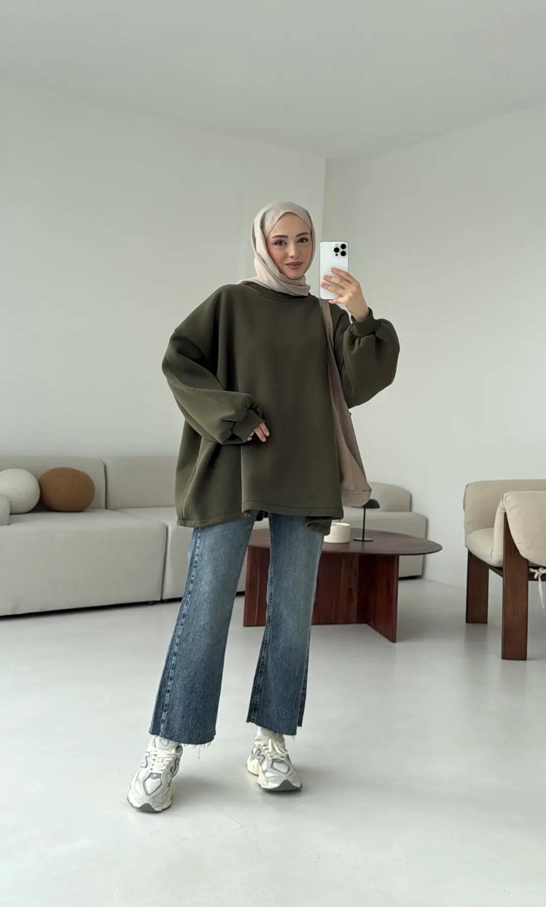 Oversize Şardonlu Sweatshirt Haki - Görsel 7