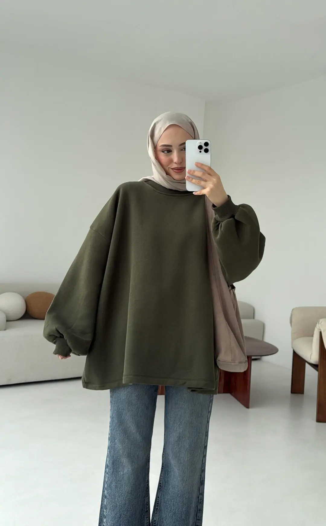 Oversize Şardonlu Sweatshirt Haki - Görsel 8