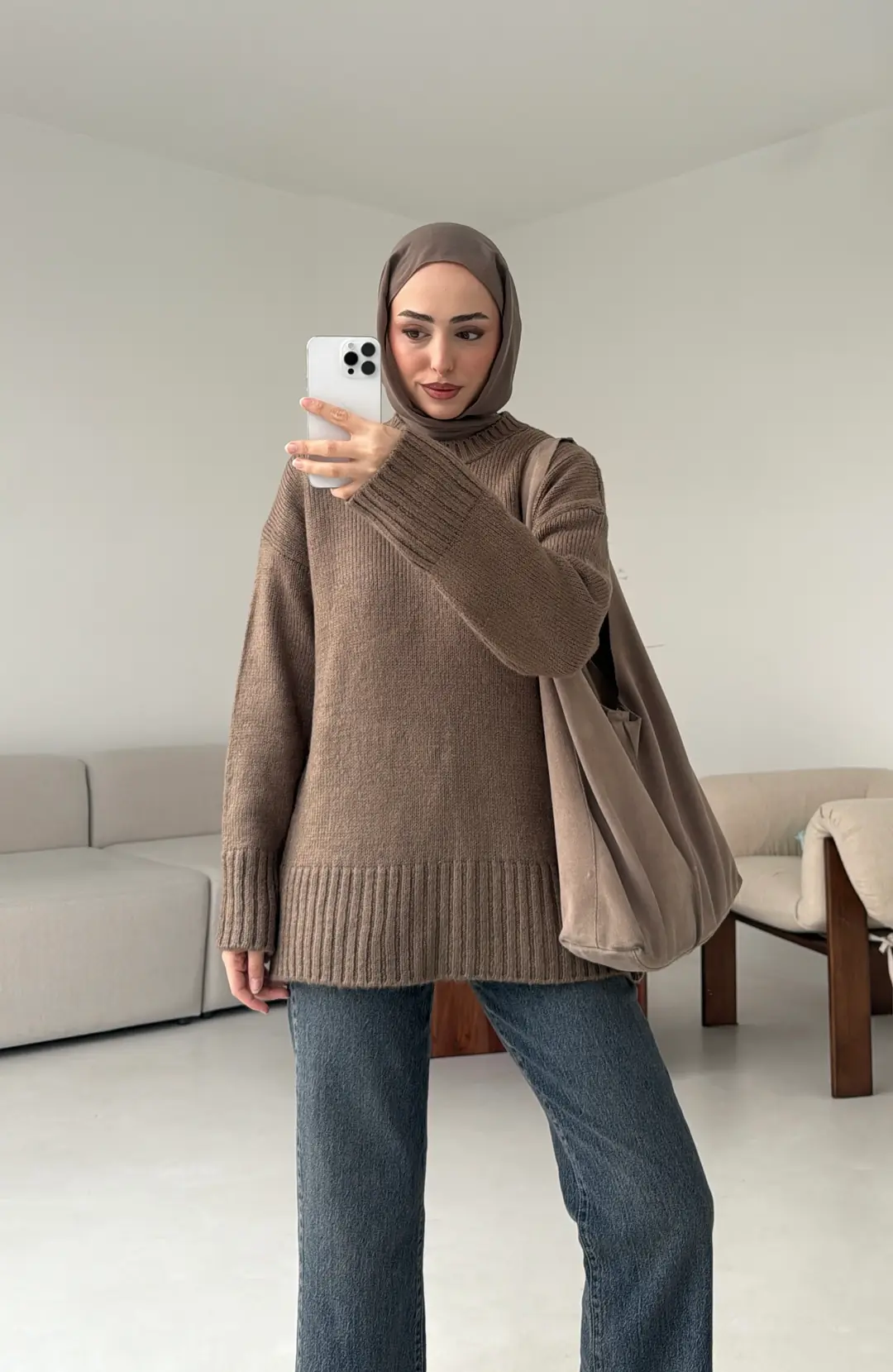 Oversize Soft Triko Kazak Koyu Vizon