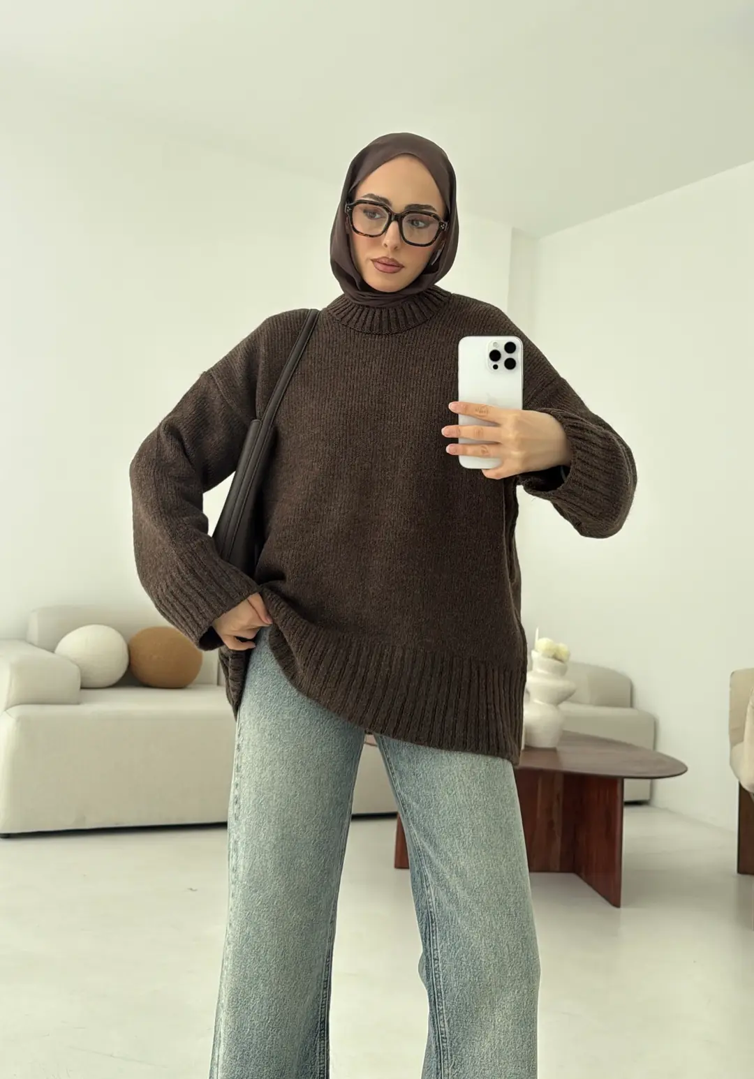 Oversize Soft Triko Kazak Kahve Melanj - Görsel 8