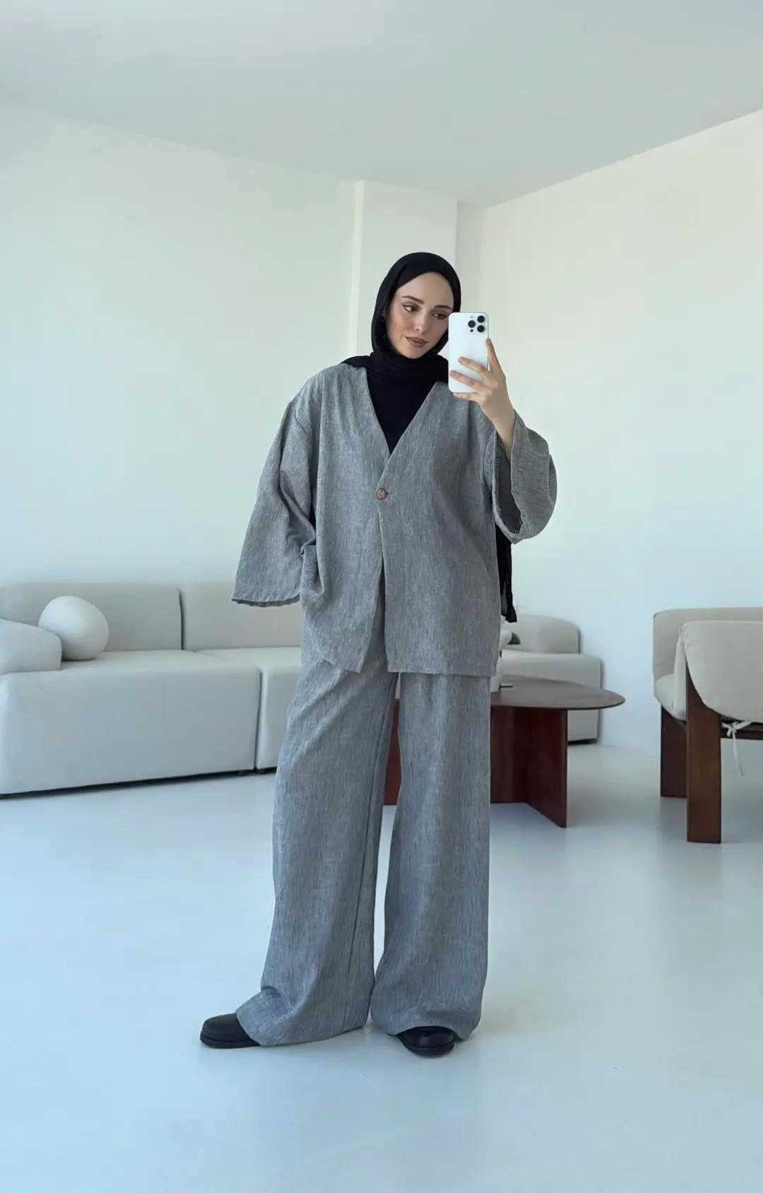 Oversize Tek Dügmeli Keten Takım Gri