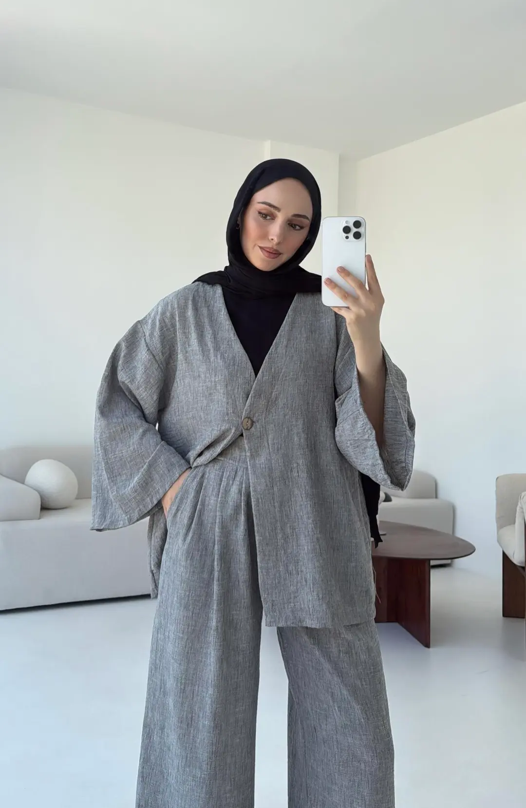 Oversize Tek Dügmeli Keten Takım Gri - Görsel 2