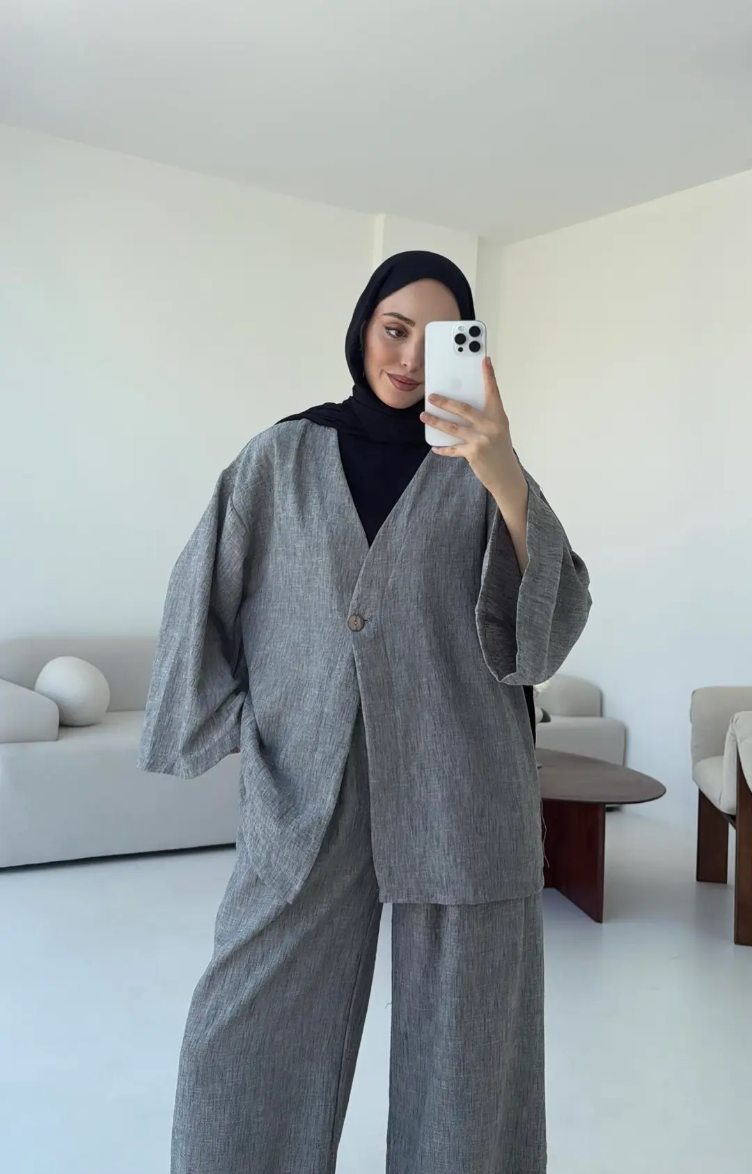 Oversize Tek Dügmeli Keten Takım Gri - Görsel 4